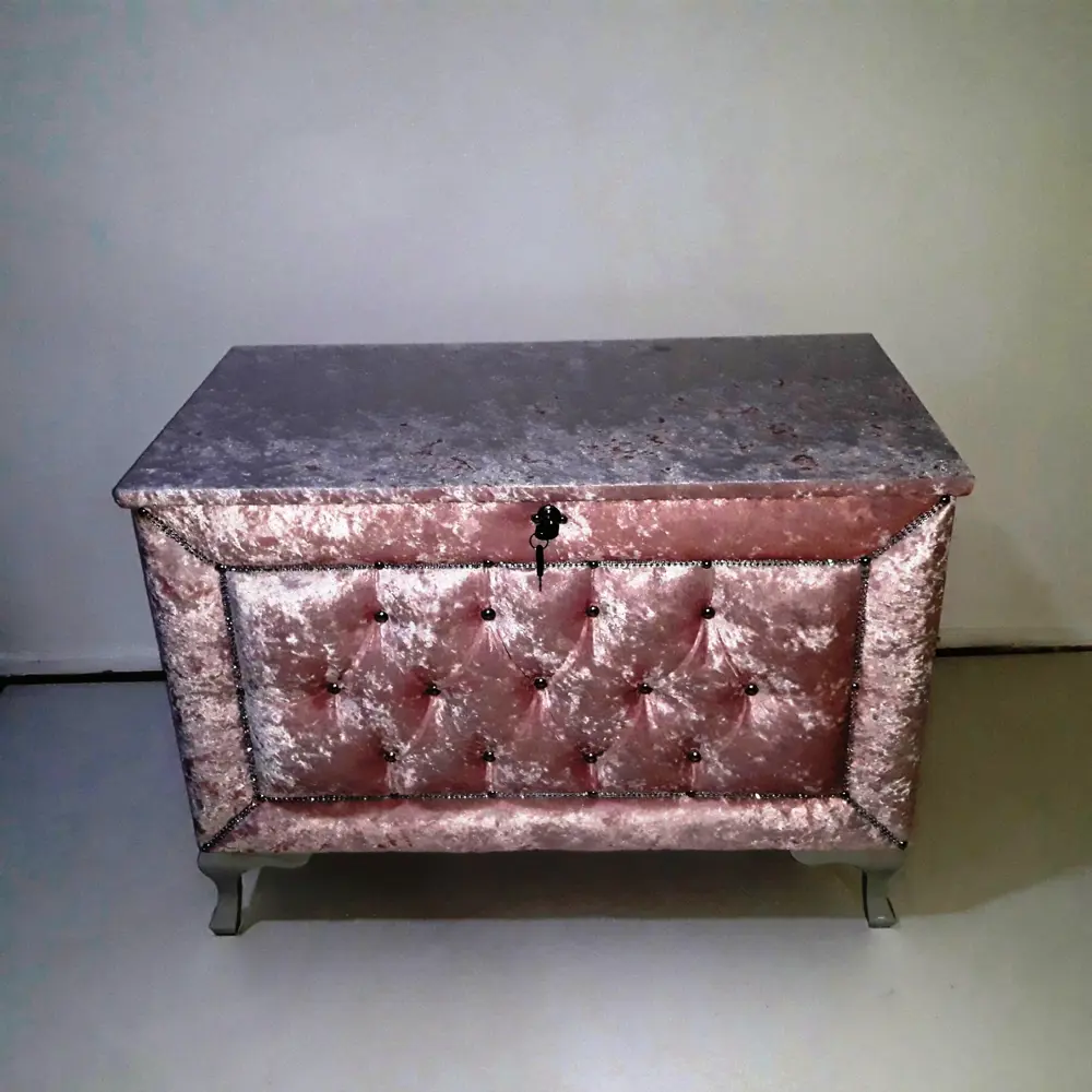 Çeyiz SANDIK 18151 Kapitone BÜYÜK Tekli PEMBE Kadife Kumaş İçi Kı