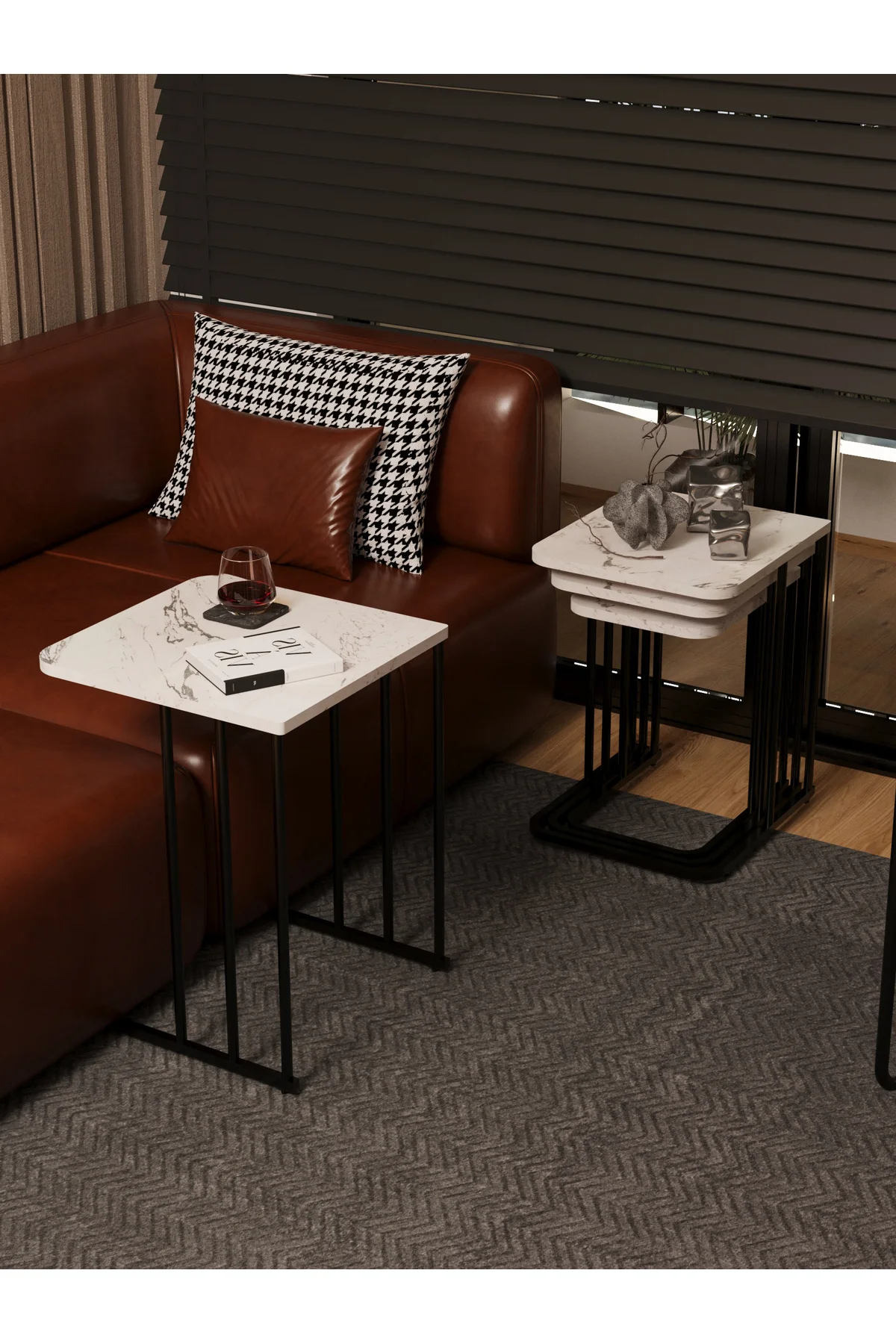 Ceylin 4lü Zigon Sehpa Mdf Tekerlekli Siyah Ayak Atlantik Çam