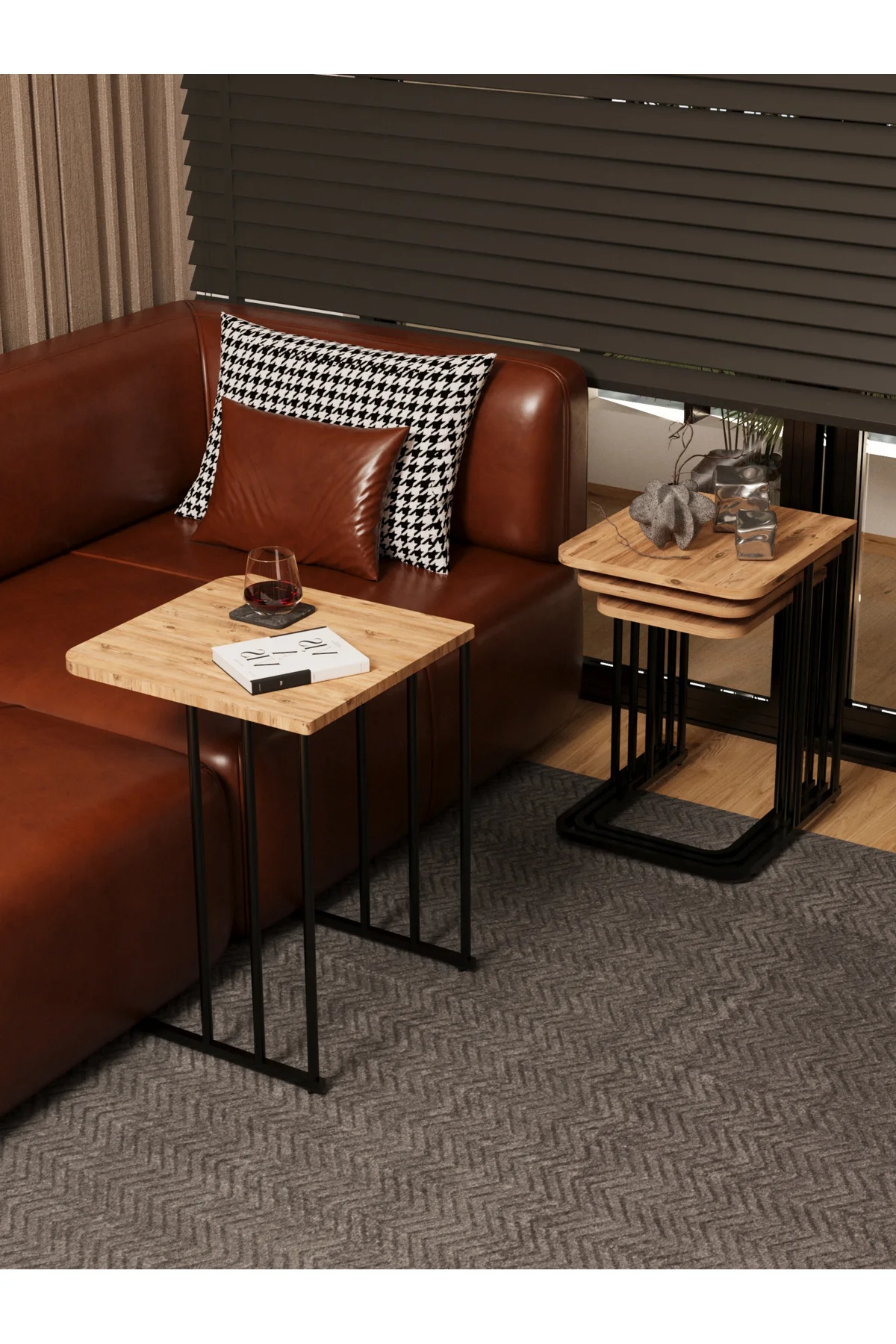 Ceylin 4lü Zigon Sehpa Mdf Tekerlekli Siyah Ayak Atlantik Çam