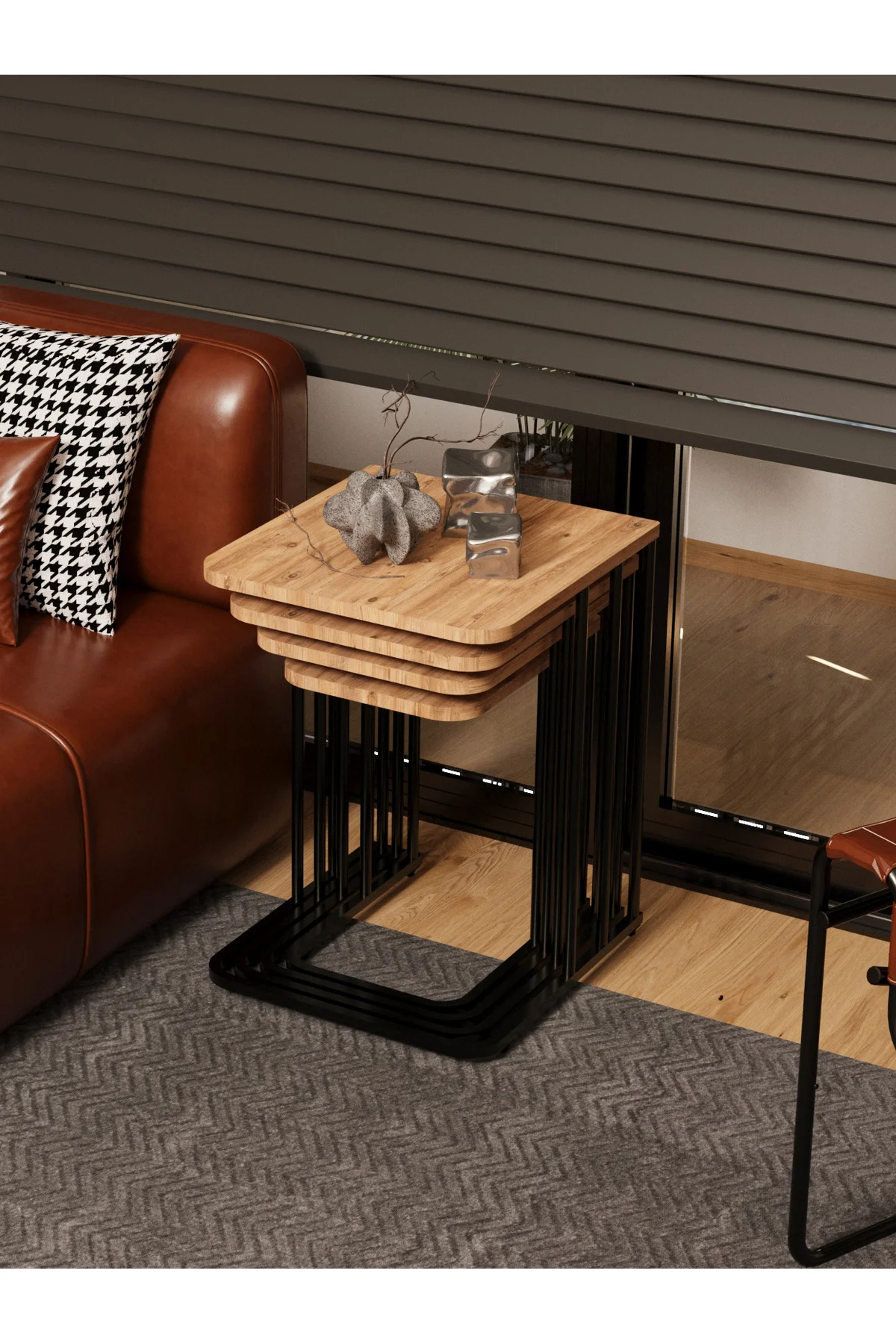 Ceylin 4lü Zigon Sehpa Mdf Tekerlekli Siyah Ayak Atlantik Çam