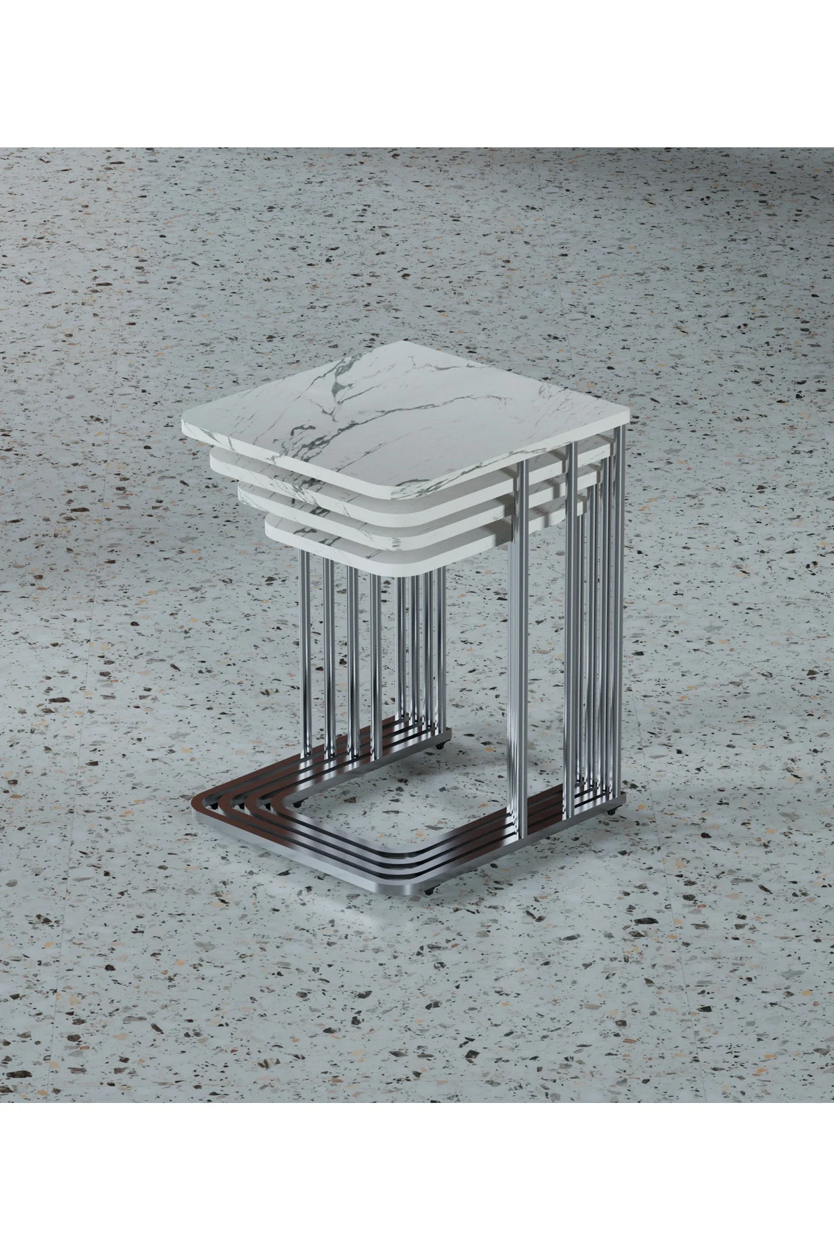 Ceylin Mdf 4lü Zigon Sehpa Tekerlekli Gümüş Ayak Mermer Desen