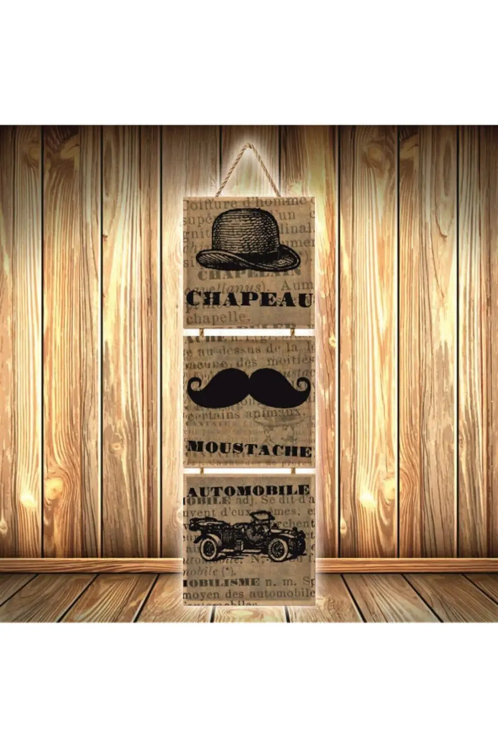 Chapeau Moustache Automobile Tasarımlı Üçlü Retro Ahşap Poster Ü3