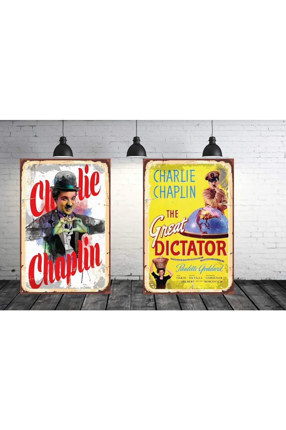 Charlie Chaplin Seti 2 Adet 20x30 Cm Retro Ahşap Tablo