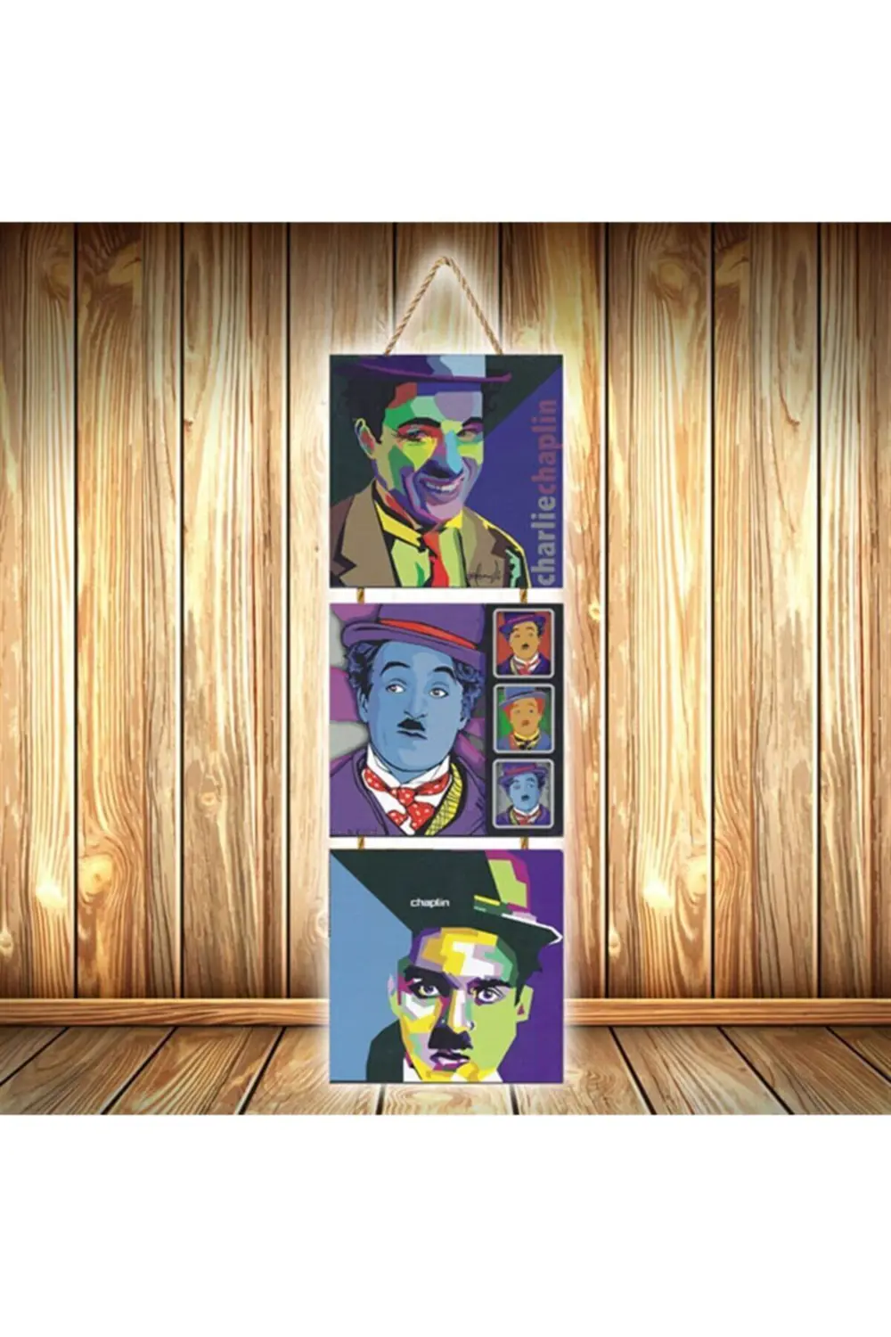 Charlie Chaplin Tasarımlı Üçlü Retro Ahşap Poster Ü542