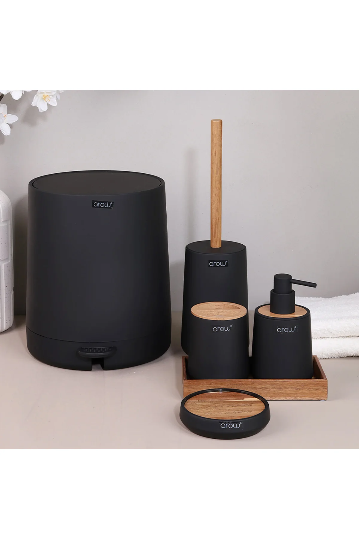 Charlotte 5 Parça Banyo Seti - Siyah Mat Bambu Kapaklı Banyo Akse