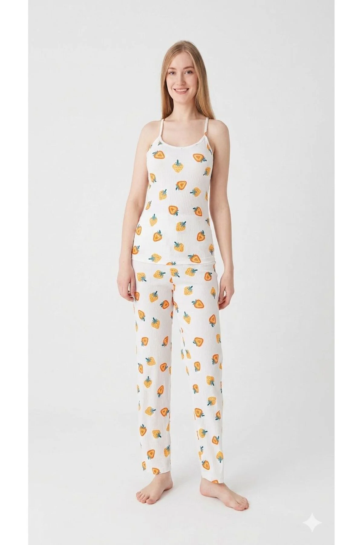 charme askılı alt uzun çilekli pijama takımı
