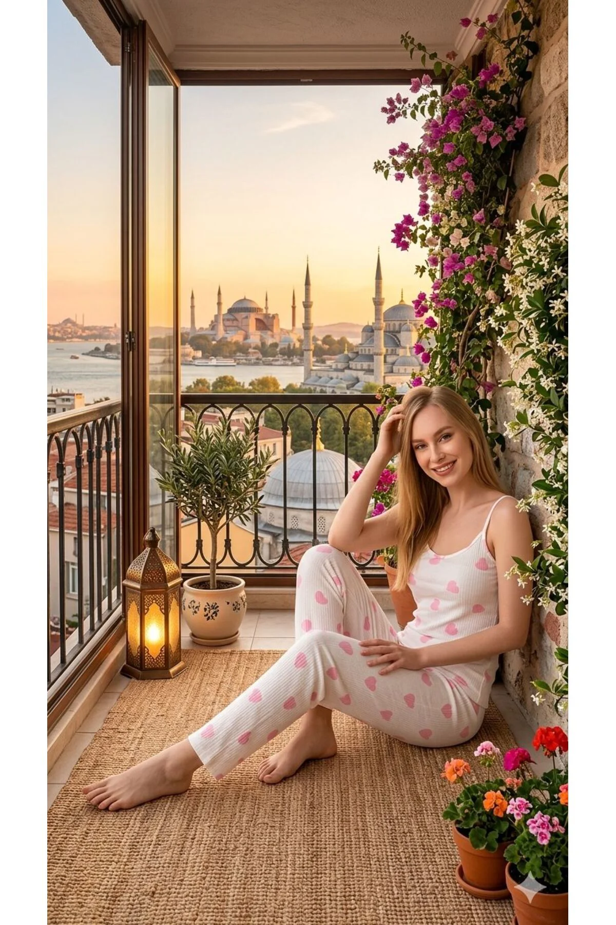 charme askılı kalp desenli pijama takımı
