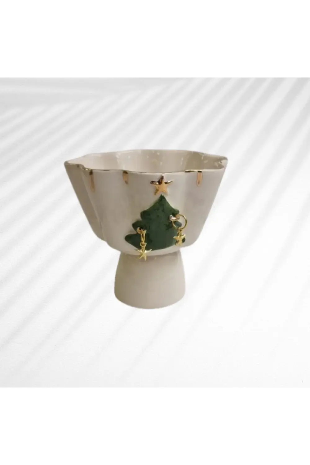 Charmlı Çiçek Sunumluk - El Yapımı Seramik, Yeşil Beyaz