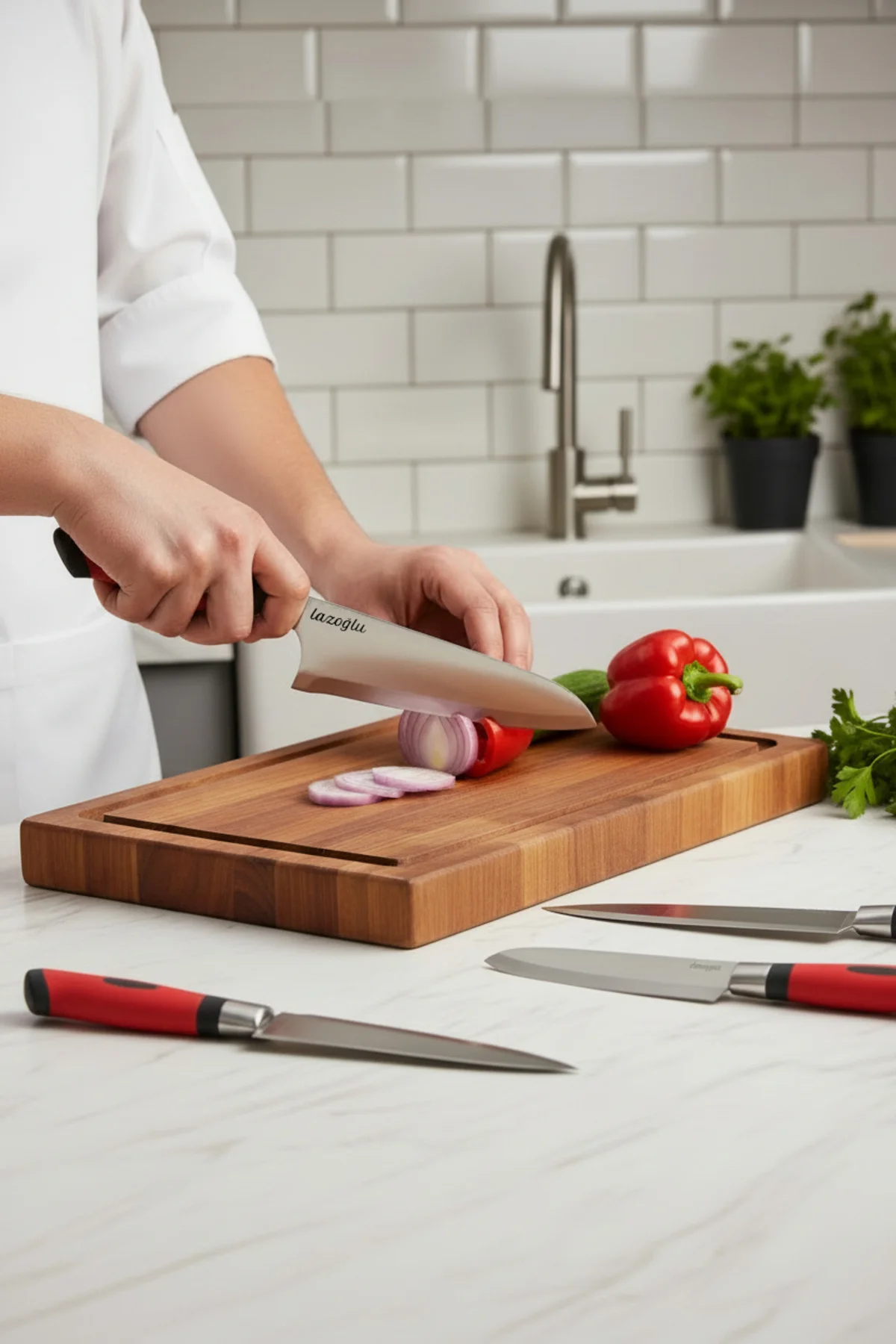 Chefline 5 Parça Kırmızı Mutfak Bıçak Seti + Meyve Bıçağı Hediyel