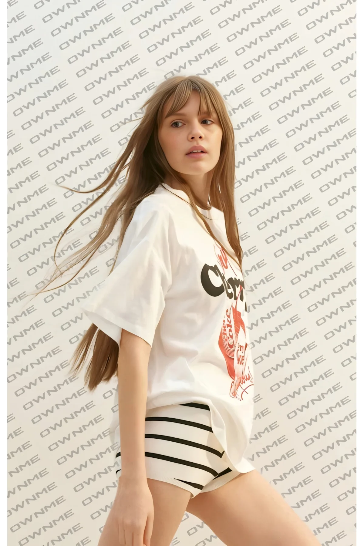 Cherry Baskılı Oversize Tişört