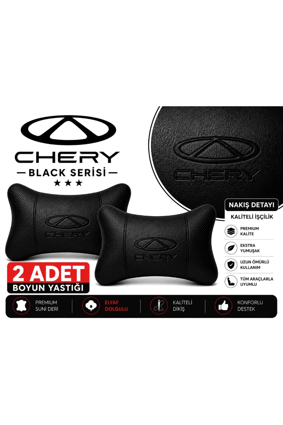 Chery Black Serisi 2 Adet Araç Boyun Yastığı Siyah Premium Suni Deri Elyaf Dolgulu Oto Boyun Desteği Chery Black Serisi 2 Adet Araç Boyun Yastığı Siyah Premium Suni Deri Elyaf Dolgulu Oto Boyun Desteği
