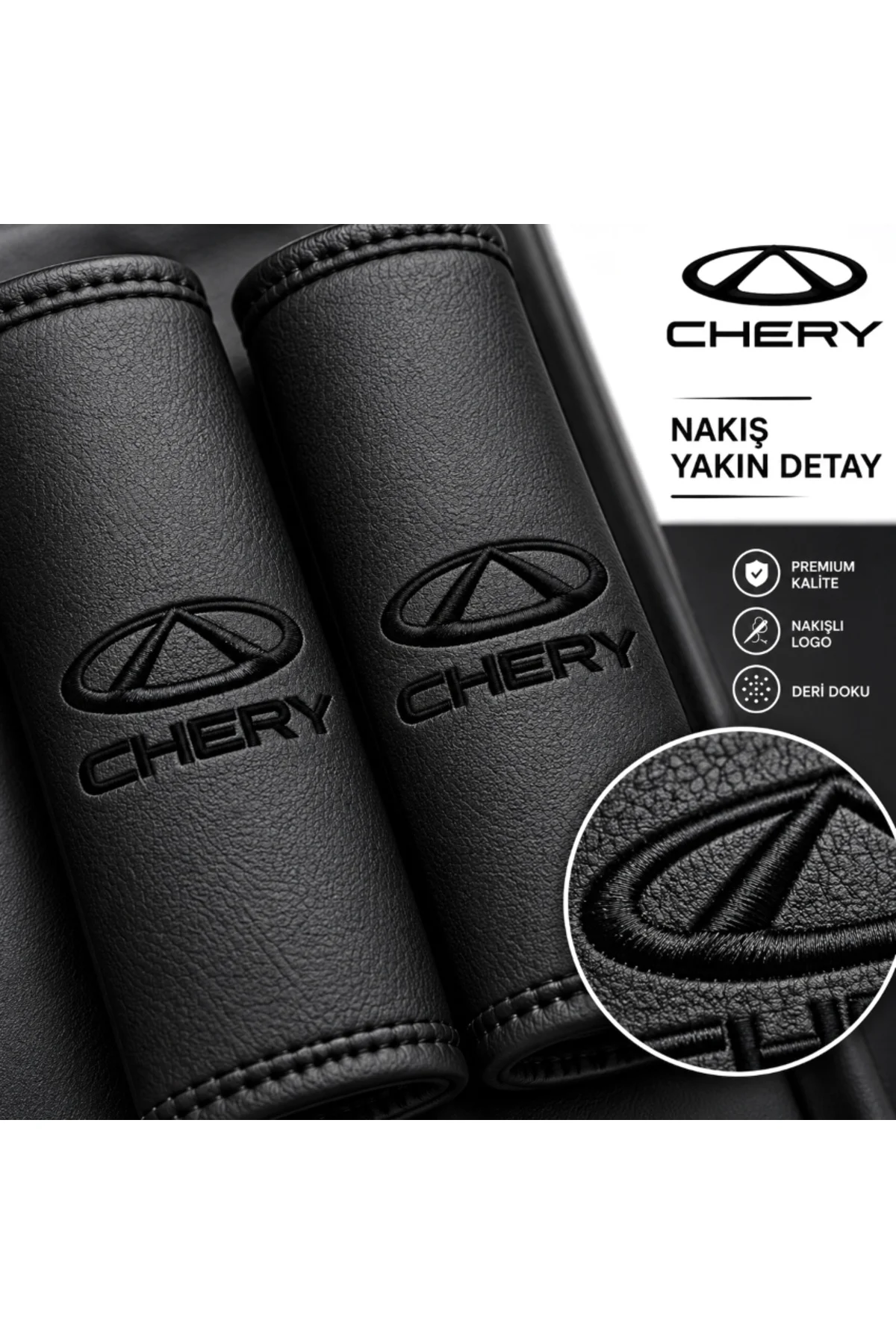 Chery Black Serisi 4 Parça Oto Boyun Yastığı ve Emniyet Kemer Pedi Seti – 2 Yastık + 2 Kemer Pedi, Siyah Nakışlı - Görsel 2