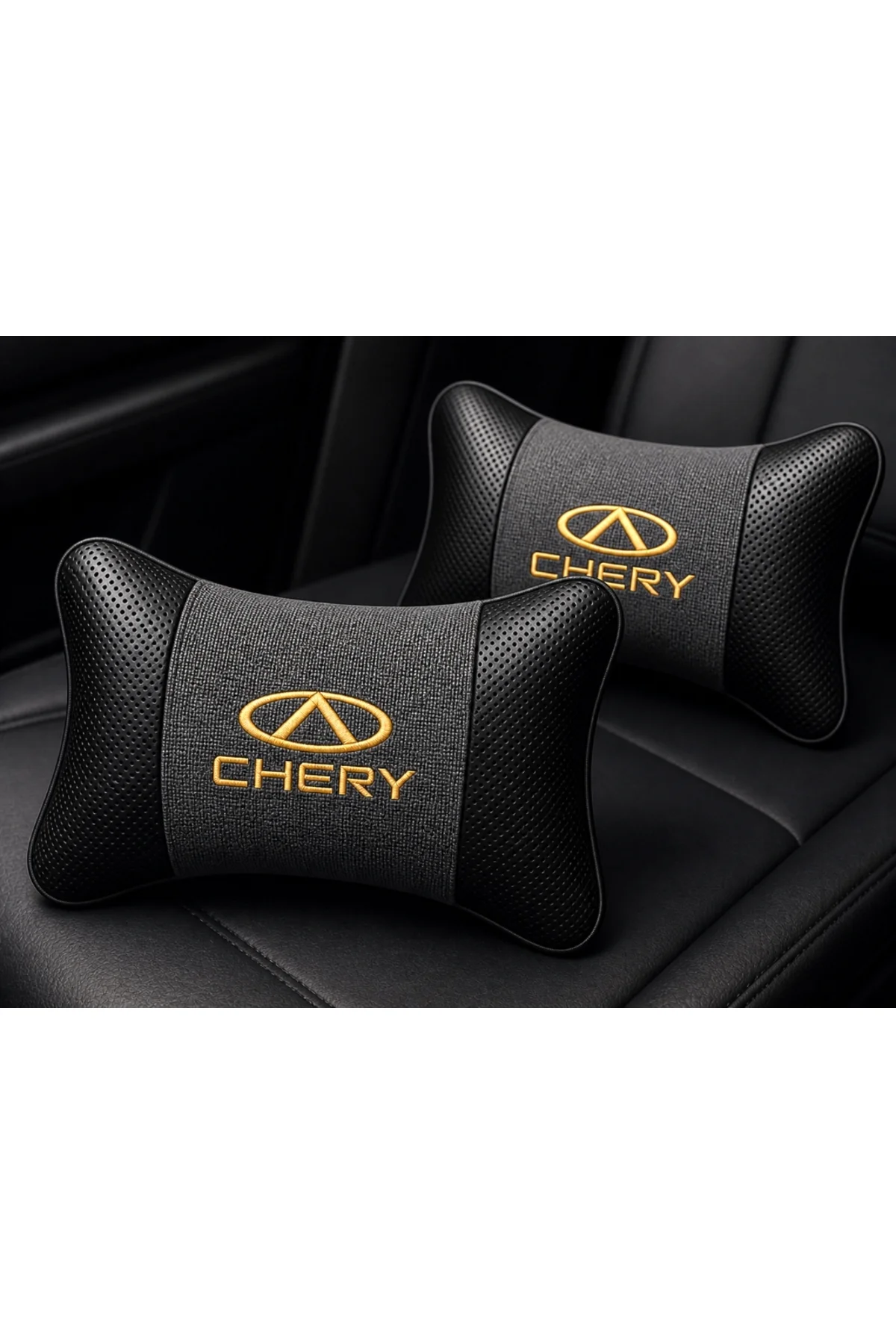 Chery Logolu Boyun Yastığı 2’li Set Füme Keten Kumaş Nakışlı Oto Koltuk Baş Destek Yastığı Chery Logolu Boyun Yastığı 2’li Set Füme Keten Kumaş Nakışlı Oto Koltuk Baş Destek Yastığı - Görsel 2