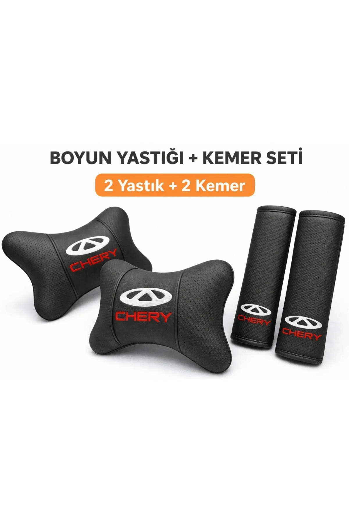 Chery Oto Boyun Yastığı + Kemer Pedi Seti (2 Yastık + 2 Kemer) Siyah Deri Kırmızı Nakışlı - Görsel 4