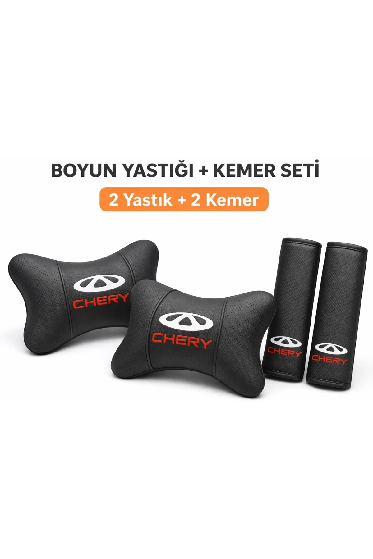 Chery Oto Boyun Yastığı + Kemer Pedi Seti (2 Yastık + 2 Kemer) Siyah Deri Kırmızı Nakışlı - Görsel 2