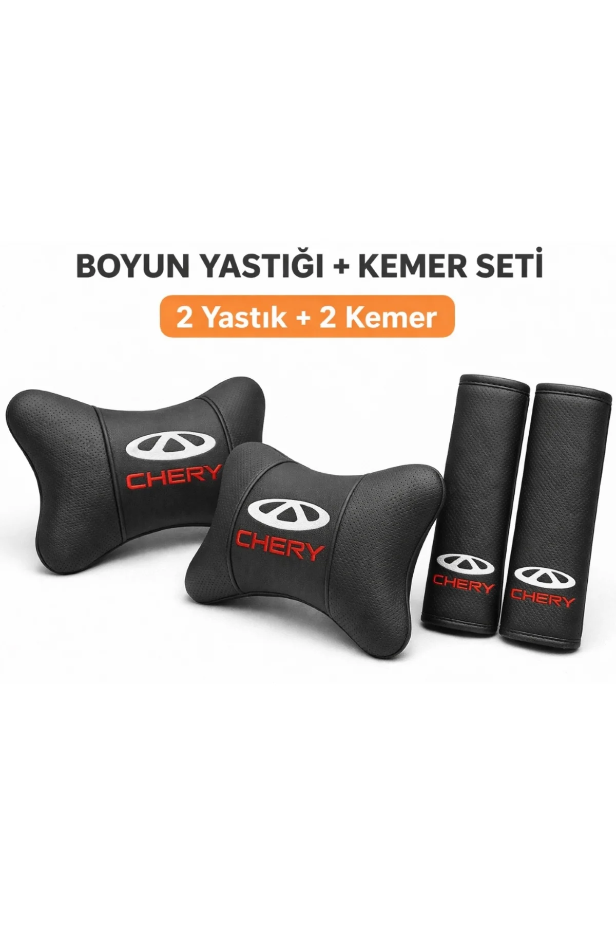 Chery Oto Boyun Yastığı + Kemer Pedi Seti (2 Yastık + 2 Kemer) Siyah Deri Kırmızı Nakışlı - Görsel 3