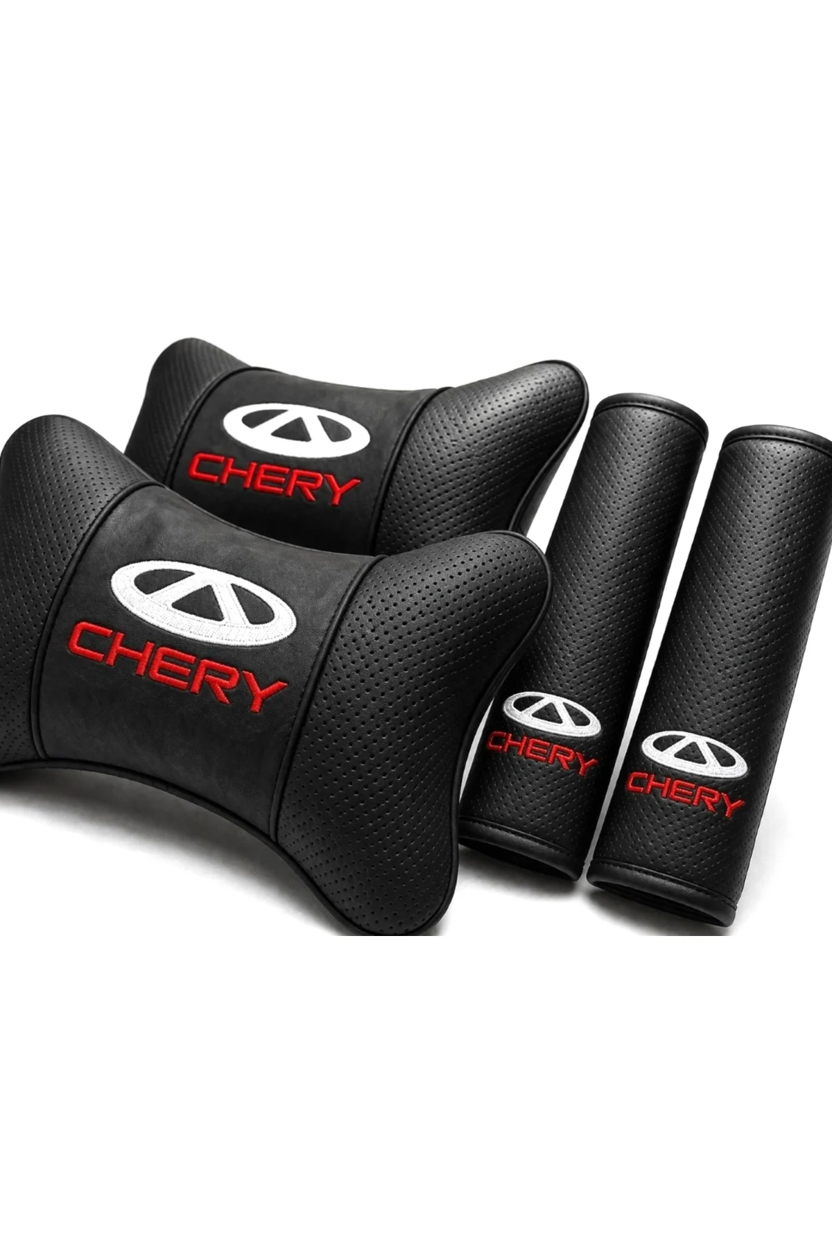 Chery Oto Boyun Yastığı + Kemer Pedi Seti (2 Yastık + 2 Kemer) Siyah Deri Kırmızı Nakışlı - Görsel 5