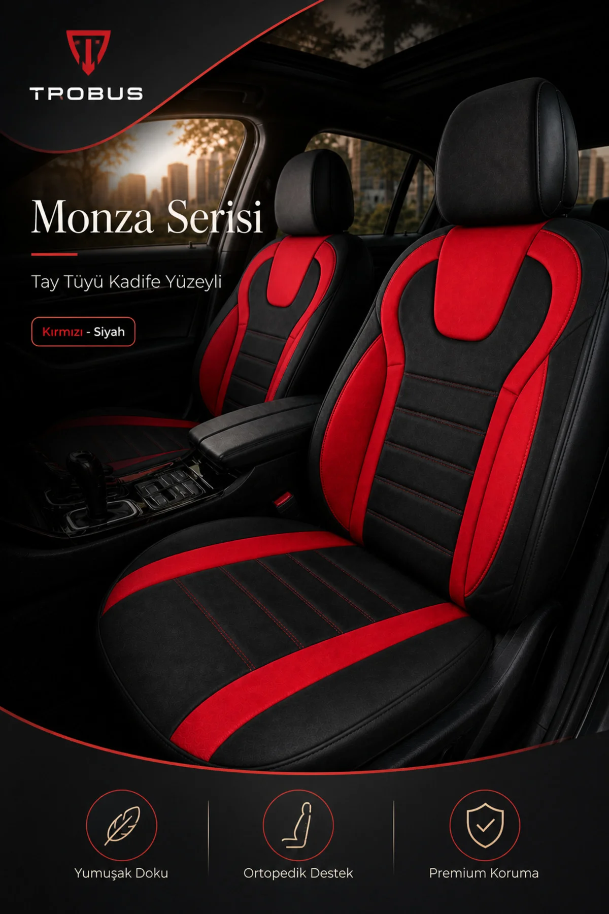 Chery Tiggo 7 Pro 2023+ Uyumlu Monza Serisi Sport Tay Tüyü Kadife Siyah Kırmızı Koltuk Kılıfı
