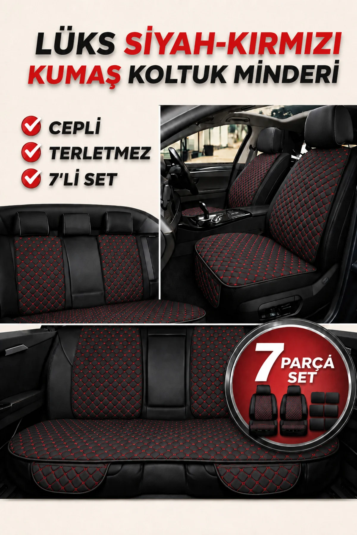 Chevrolet Aveo 2011-2014 7 Parça Kapitone Desen Kumaş Oto Koltuk Minderi Siyah Kırmızı Fiyatı, Yorumları ve Özellikleri