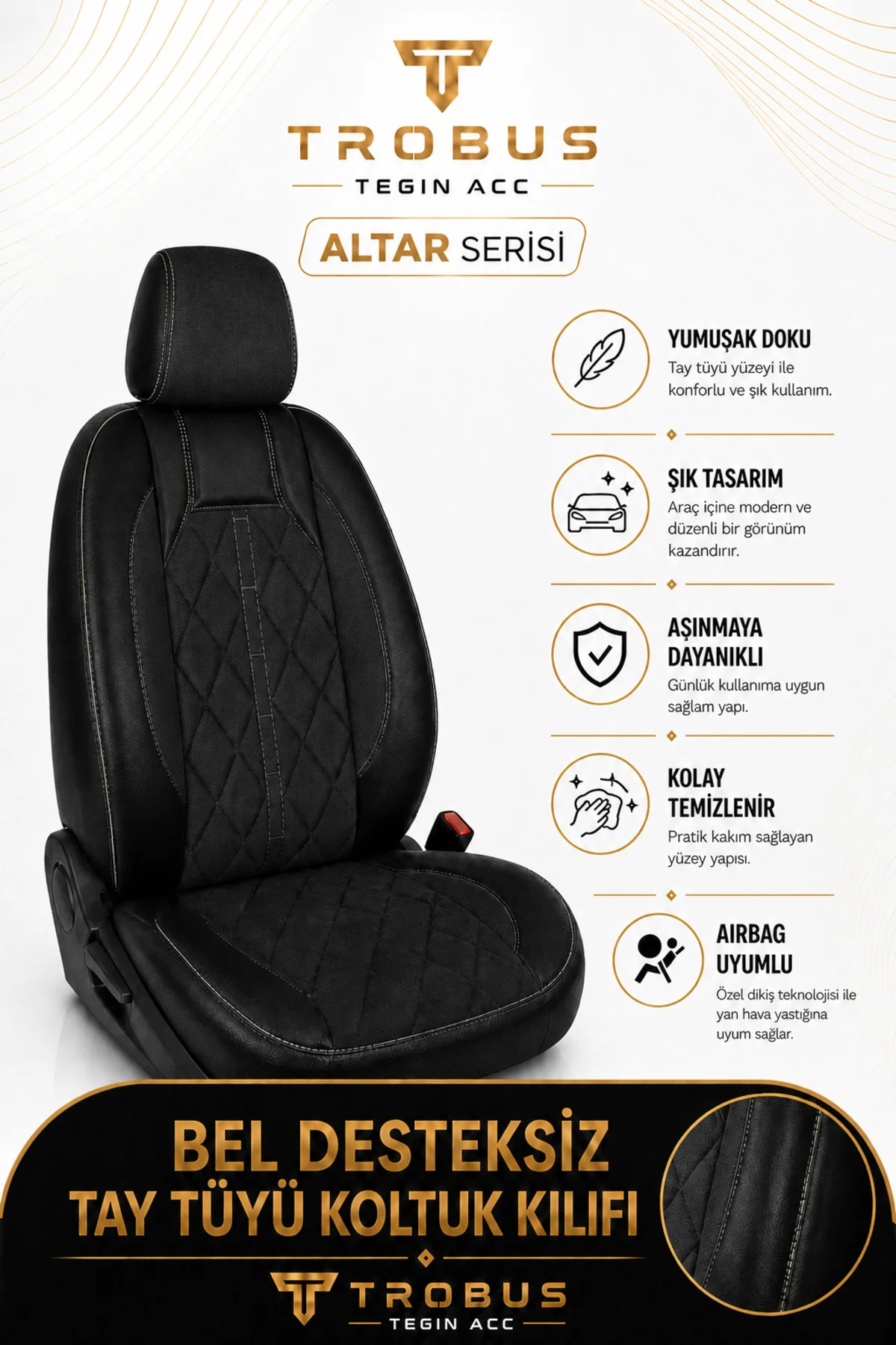 Chevrolet Captiva 2011-2014 Uyumlu Altar Serisi Tay Tüyü Siyah Premium Koltuk Kılıfı
