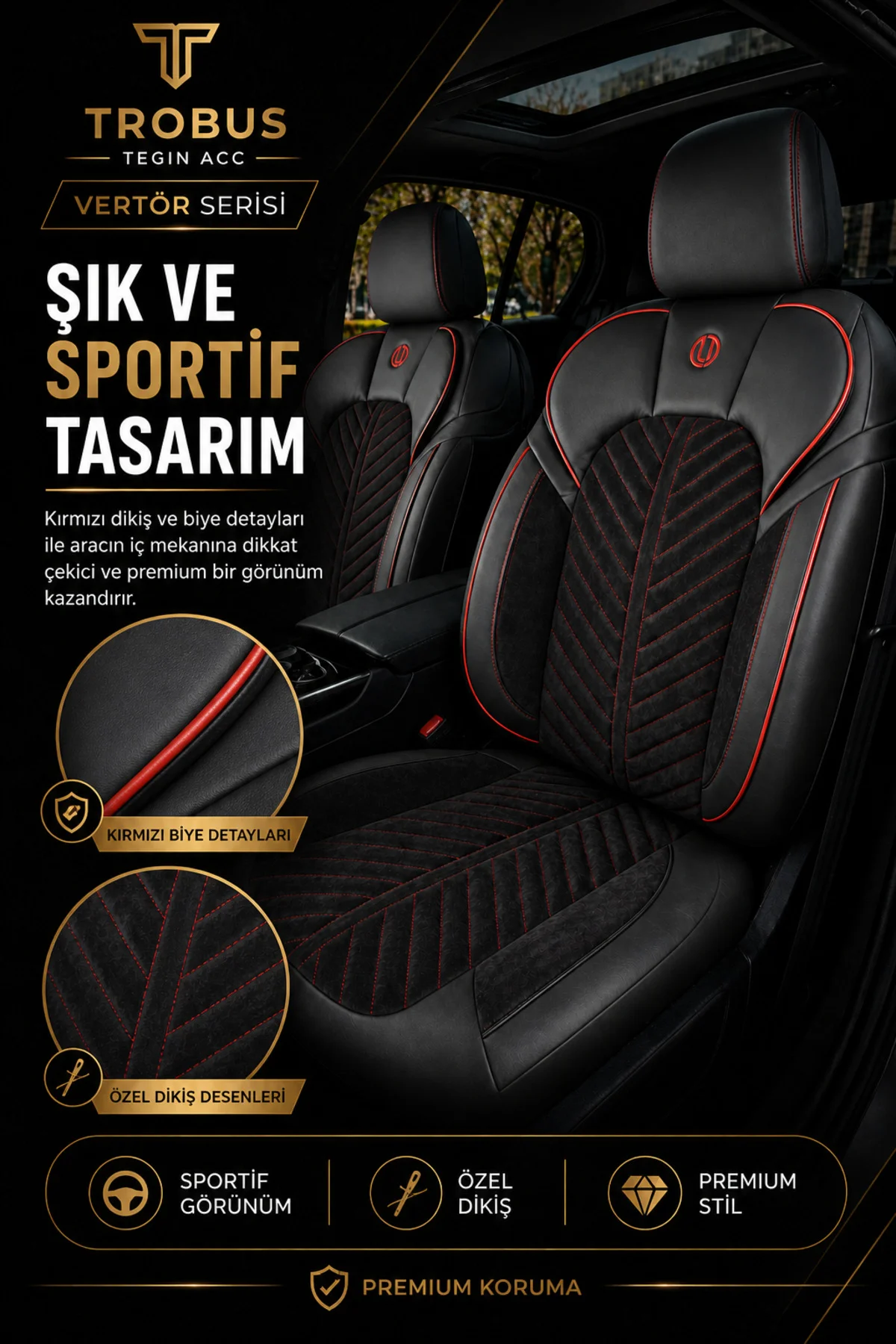 Chevrolet Captiva 2011-2014 Uyumlu Süvari Serisi Tay Tüyü Siyah Kırmızı Premium Koltuk Kılıfı