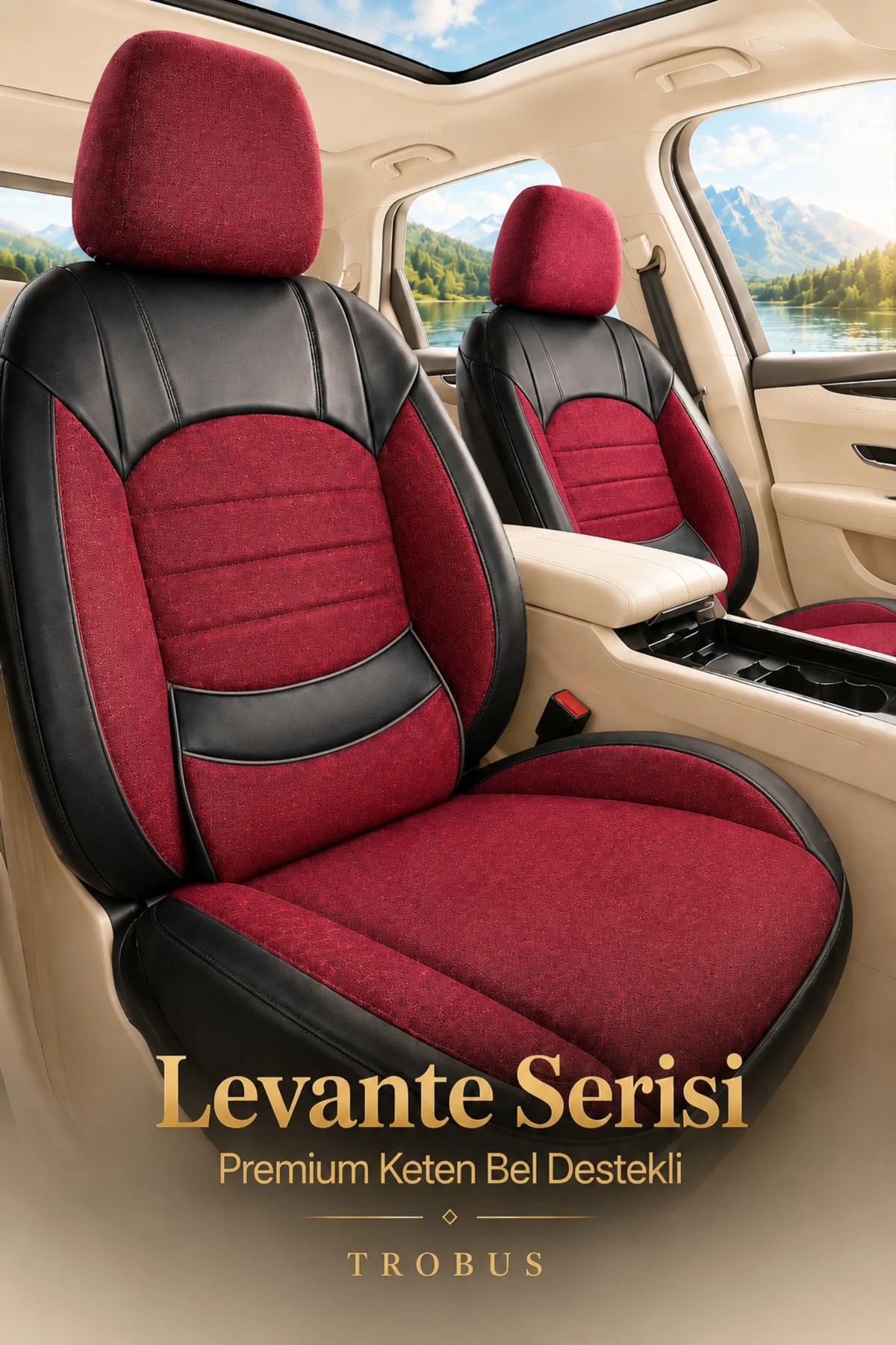 Chevrolet Captiva 2011-2014 Uyumlu Levante Serisi Bel Destekli Keten Bordo Siyah Koltuk Kılıfı