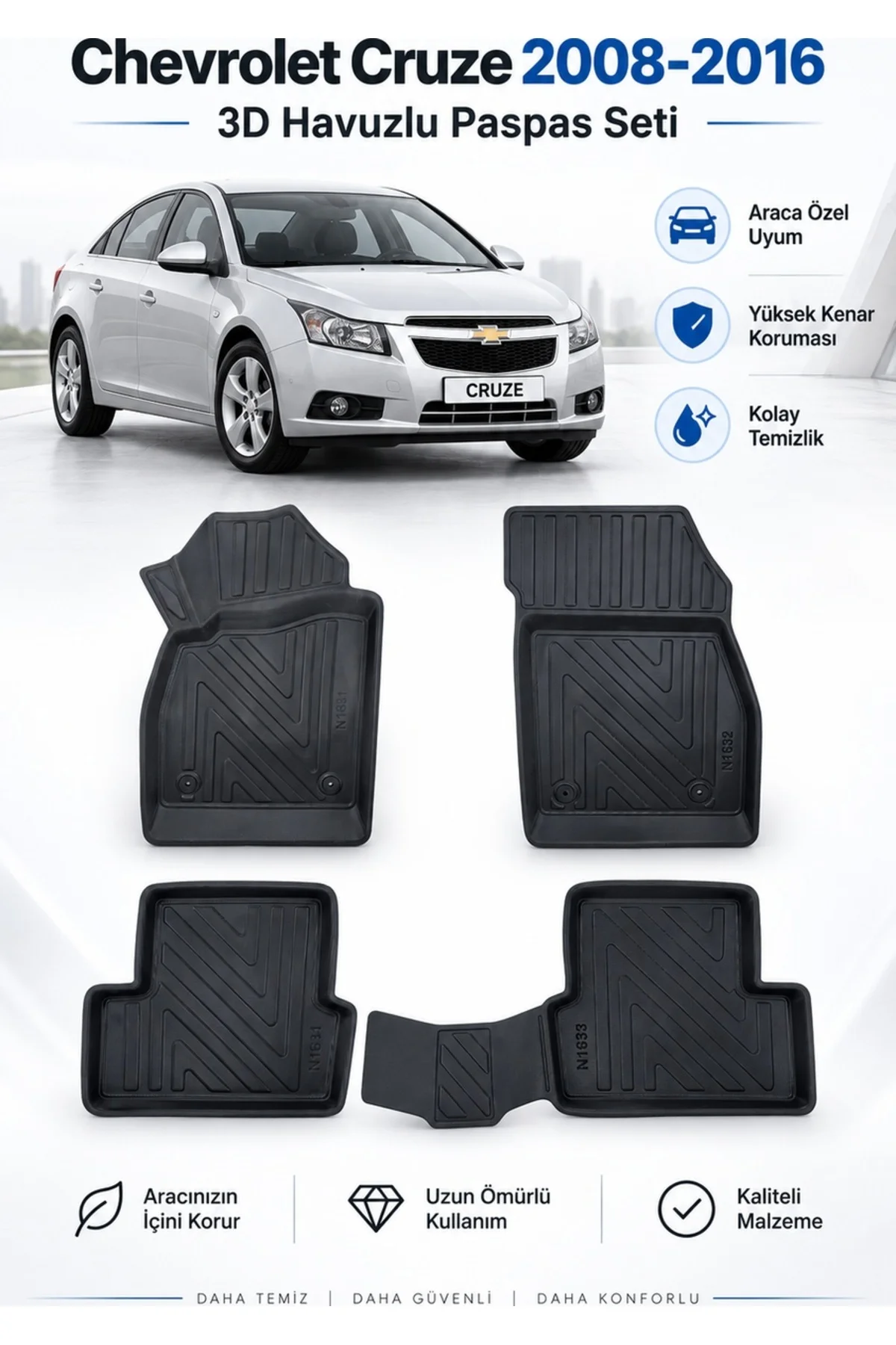 Chevrolet Cruze 2008-2016 Karbon Desenli Premium 3D Havuzlu Oto Paspas