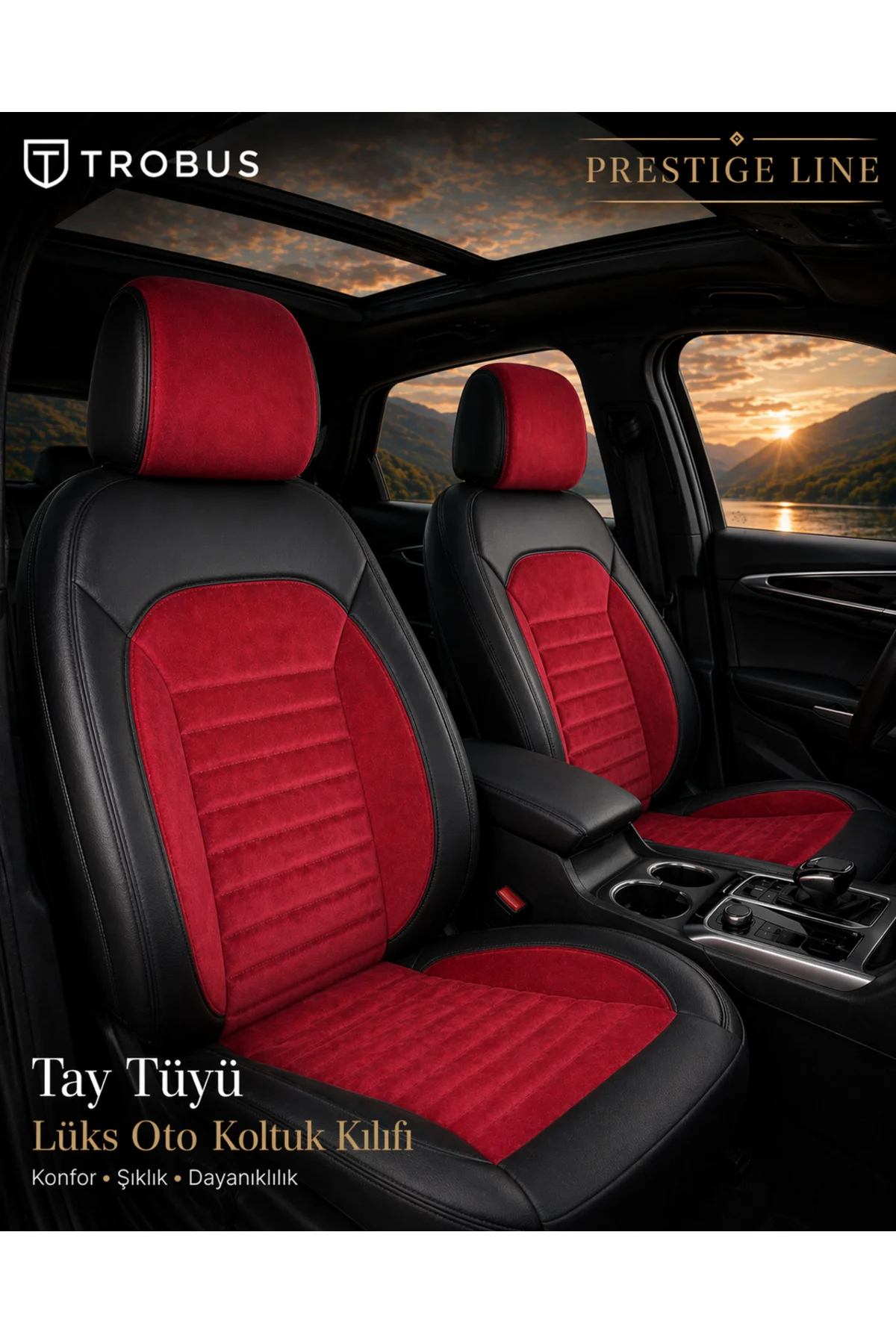 Chevrolet Cruze 2009 ve Sonrası Tay Tüyü Deri Detay Koltuk Kılıfı Prestige Line Kırmızı Siyah