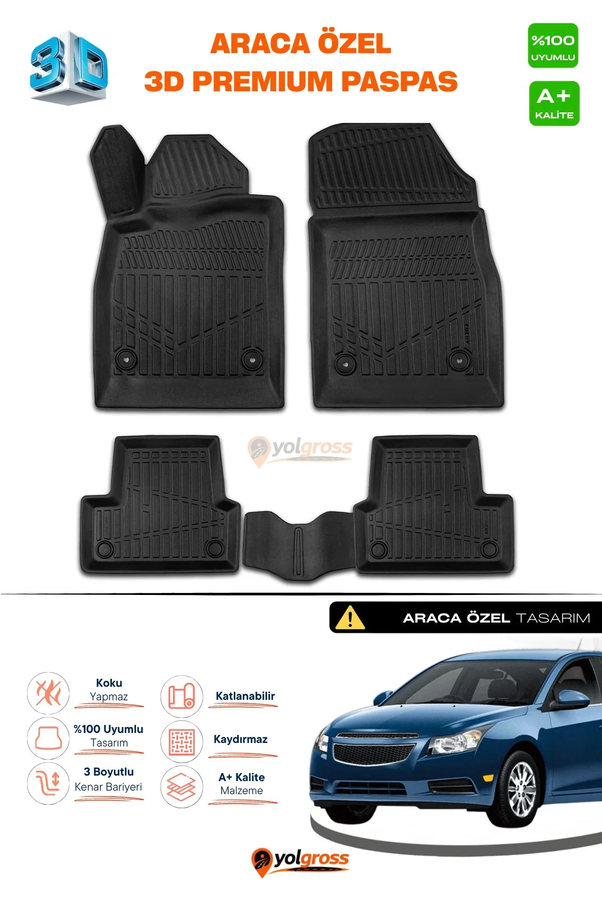 Chevrolet Cruze 3D Pro Havuzlu Paspas 2008-2019 A+ Kalite