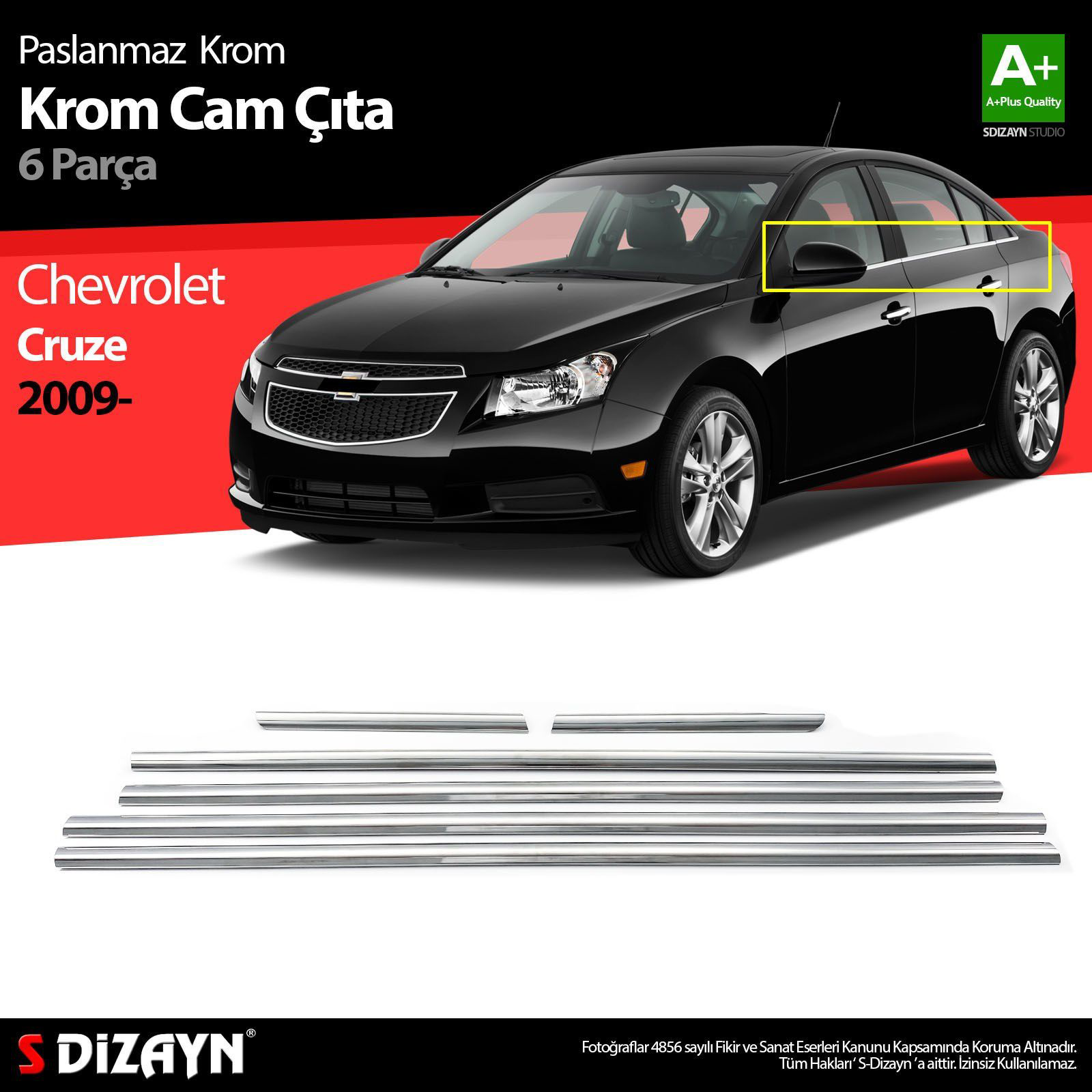 Chevrolet Cruze Uyumlu Sedan Krom Cam Çıtası 6 Parça 2009 Üzeri Chevrolet Cruze Uyumlu Sedan Krom Cam Çıtası 6 Parça 2009 Üzeri