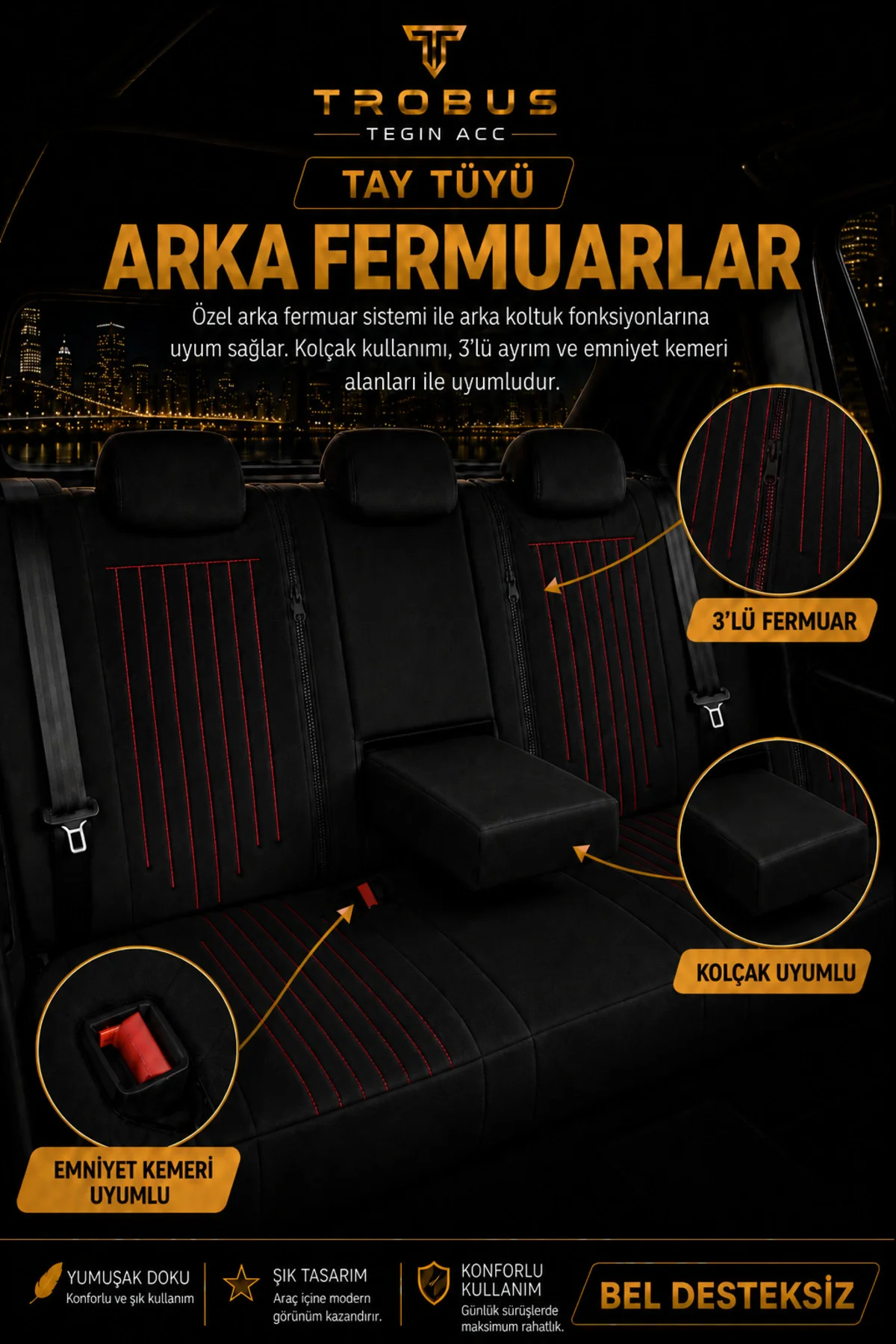 Chevrolet Lacetti 2003-2009 Uyumlu Asil Serisi Ortopedik Tay Tüyü Siyah Kırmızı Koltuk Kılıfı