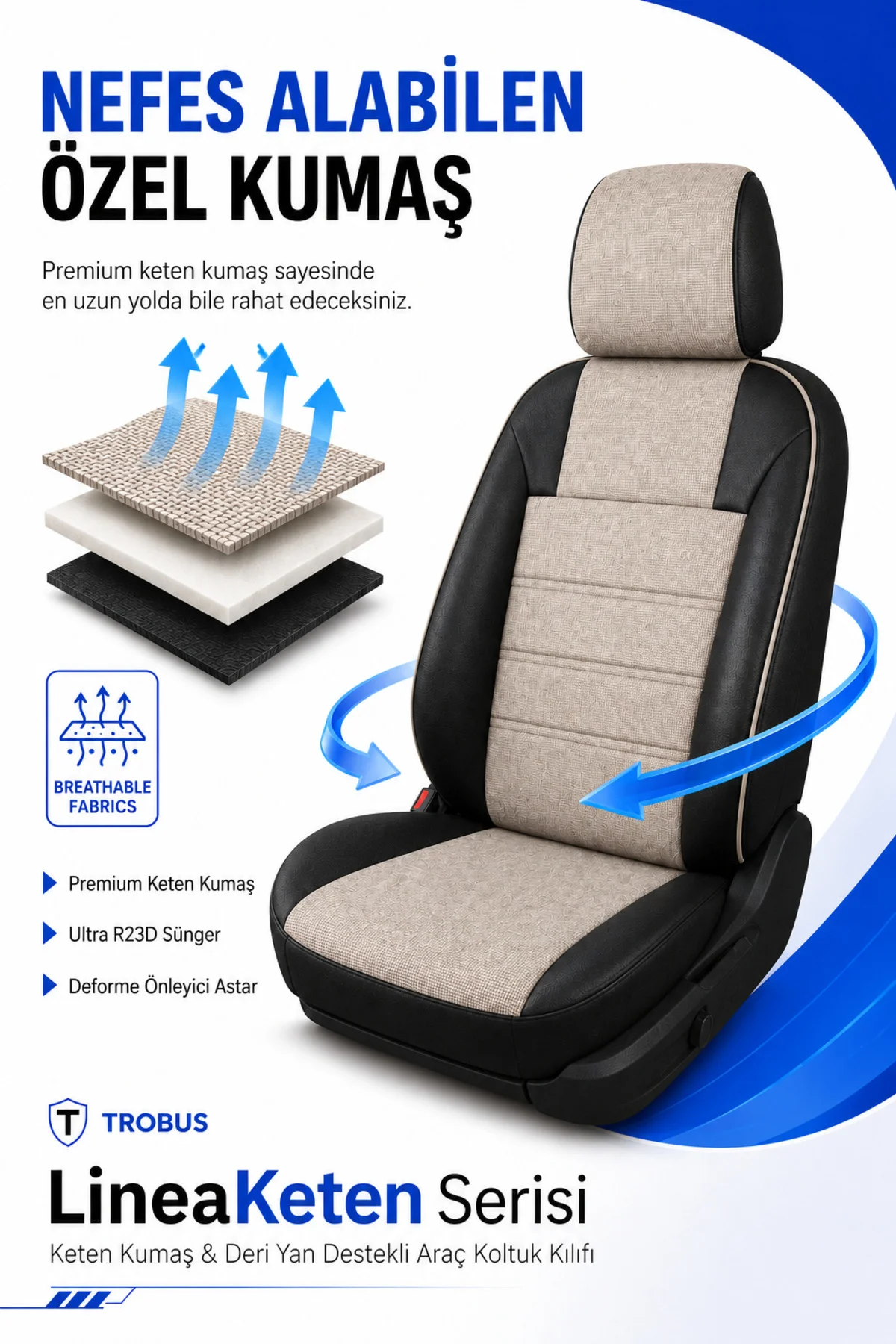 Chevrolet Lacetti 2003-2009 Uyumlu LineaKeten Serisi Ortopedik Bej Siyah Bej Koltuk Kılıfı