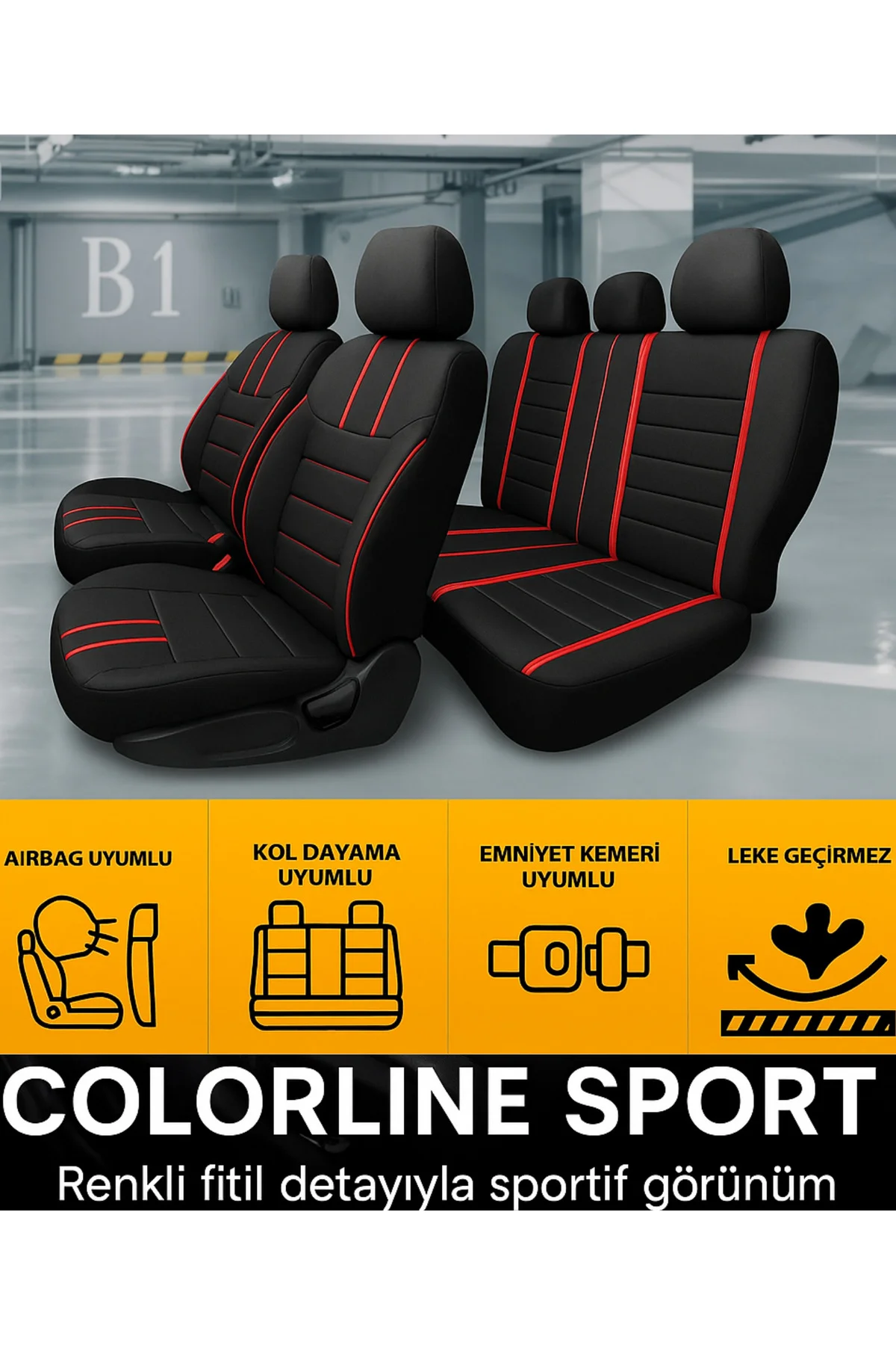 Chevrolet Lacetti 2003-2009 Uyumlu Colorline Sport Deri Siyah - Kırmızı Koltuk Kılıfı