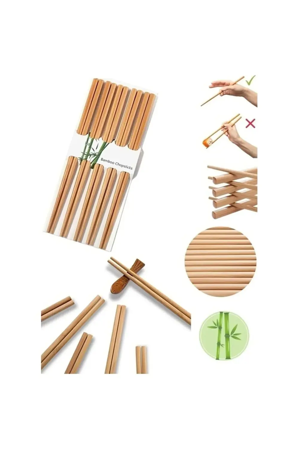 Chopstick 5 Çift Yıkanabilir Çin Kore Uzakdoğu Bambu Yemek Çubuğu