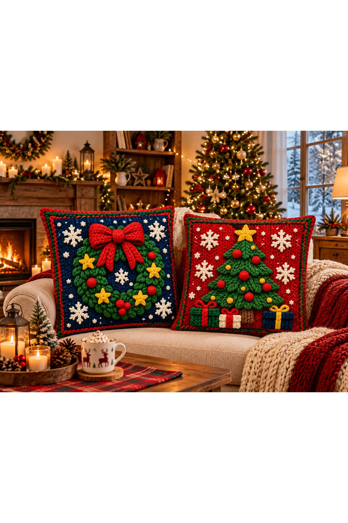 Christmas Charm Yılbaşı Ağacı ve Çelenk Desenli Kırmızı Lacivert 3D Örgü Görünümlü Dekoratif Desenli 2’li Kırlent Kılıfı Seti