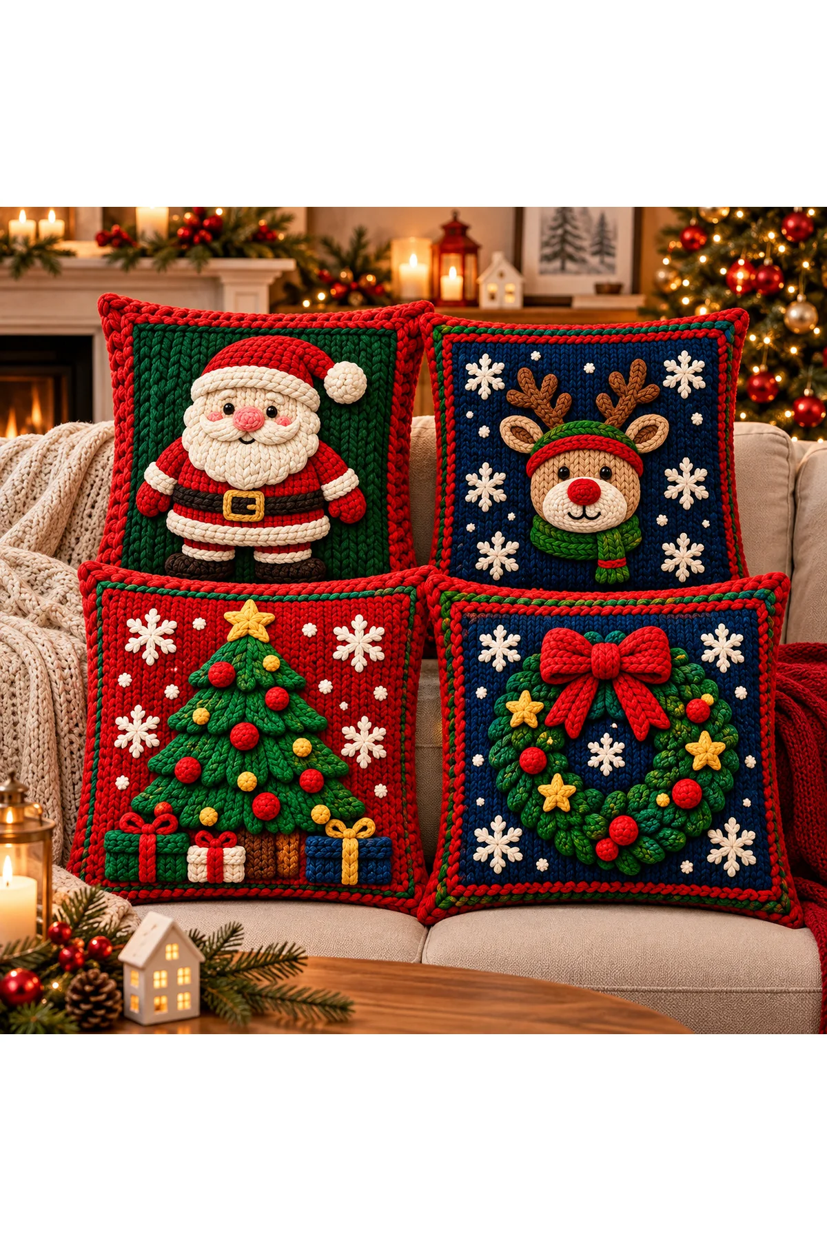 Christmas Dream Noel Baba Geyik Çam Ağacı Çelenk Desenli Dijital Baskılı 4’lü Yılbaşı Kırlent Kılıfı