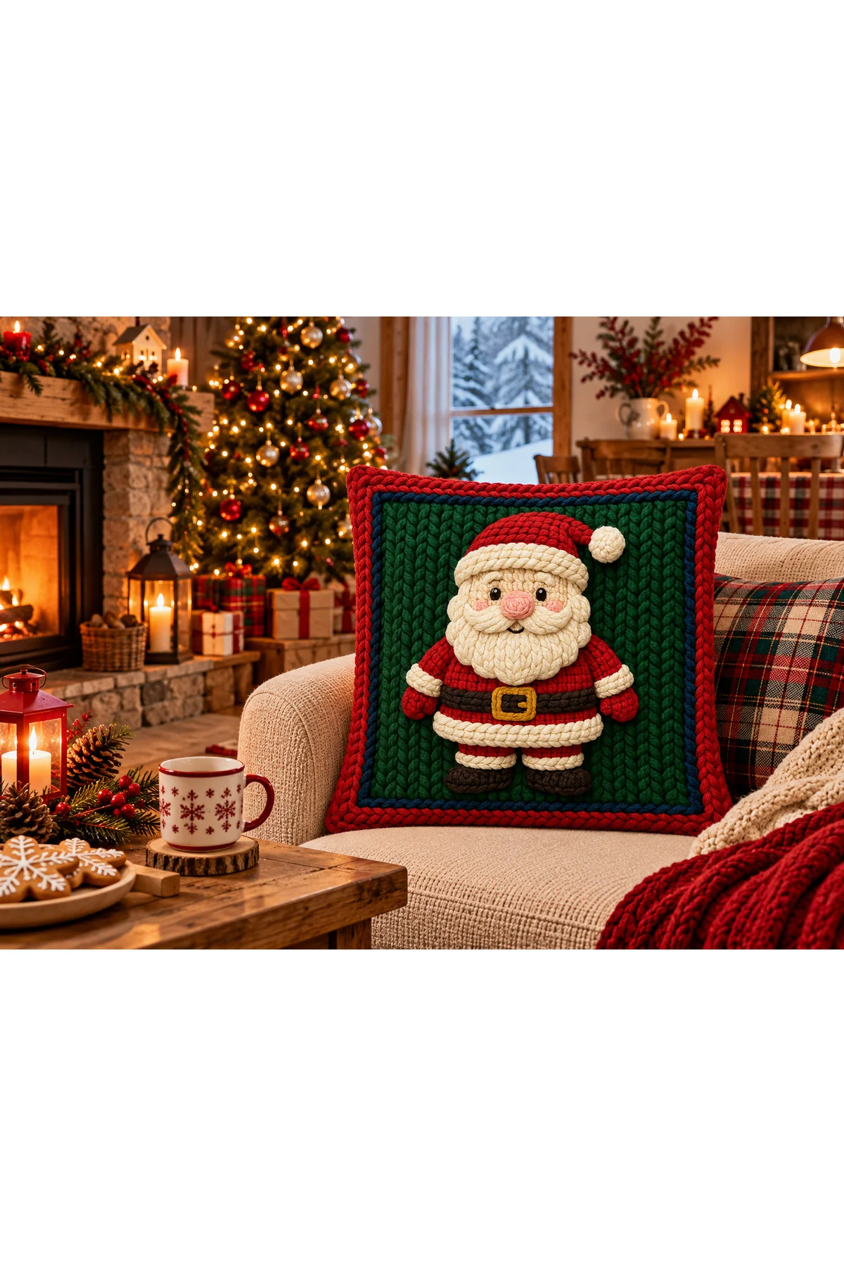 Christmas Dream Noel Baba Geyik Çam Ağacı Çelenk Desenli Dijital Baskılı 4’lü Yılbaşı Kırlent Kılıfı