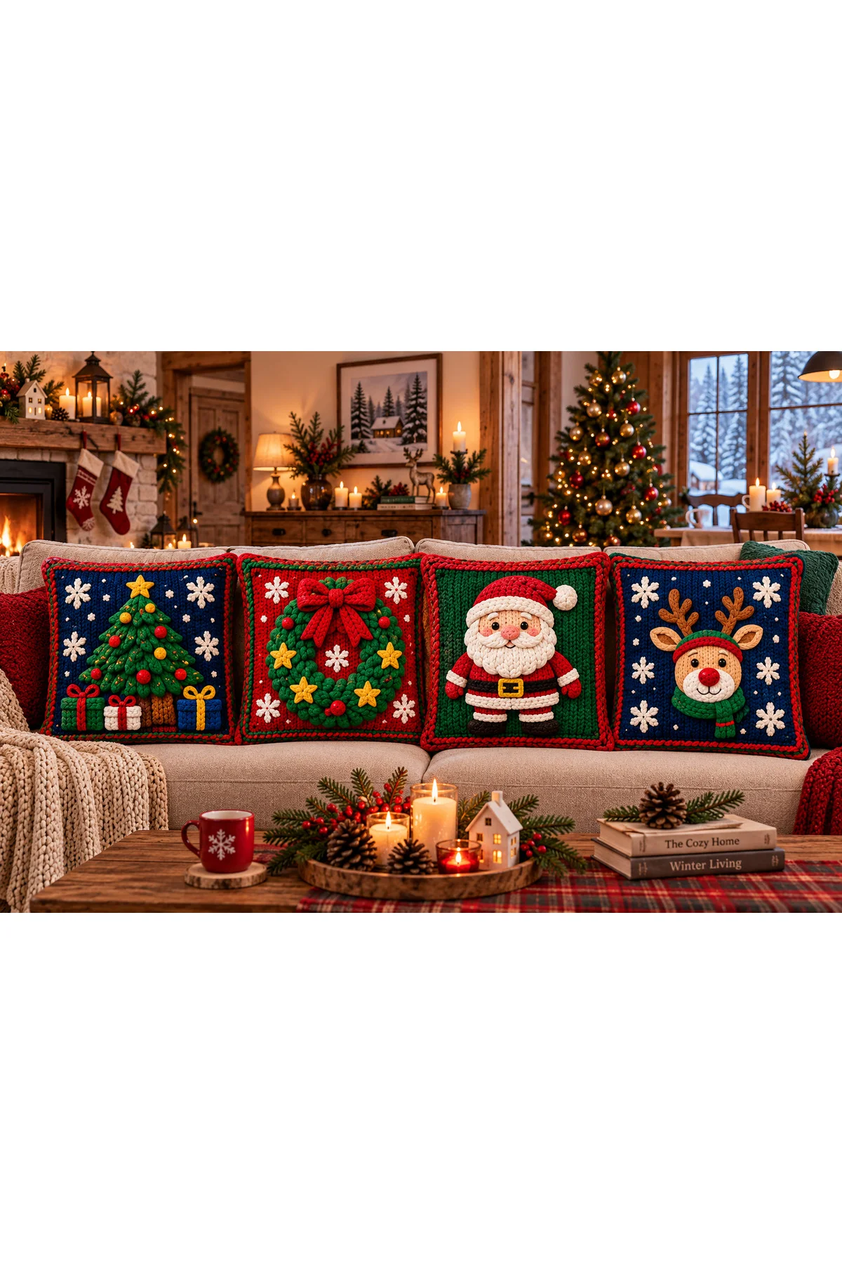 Christmas Dream Noel Baba Geyik Çam Ağacı Çelenk Desenli Dijital Baskılı 4’lü Yılbaşı Kırlent Kılıfı