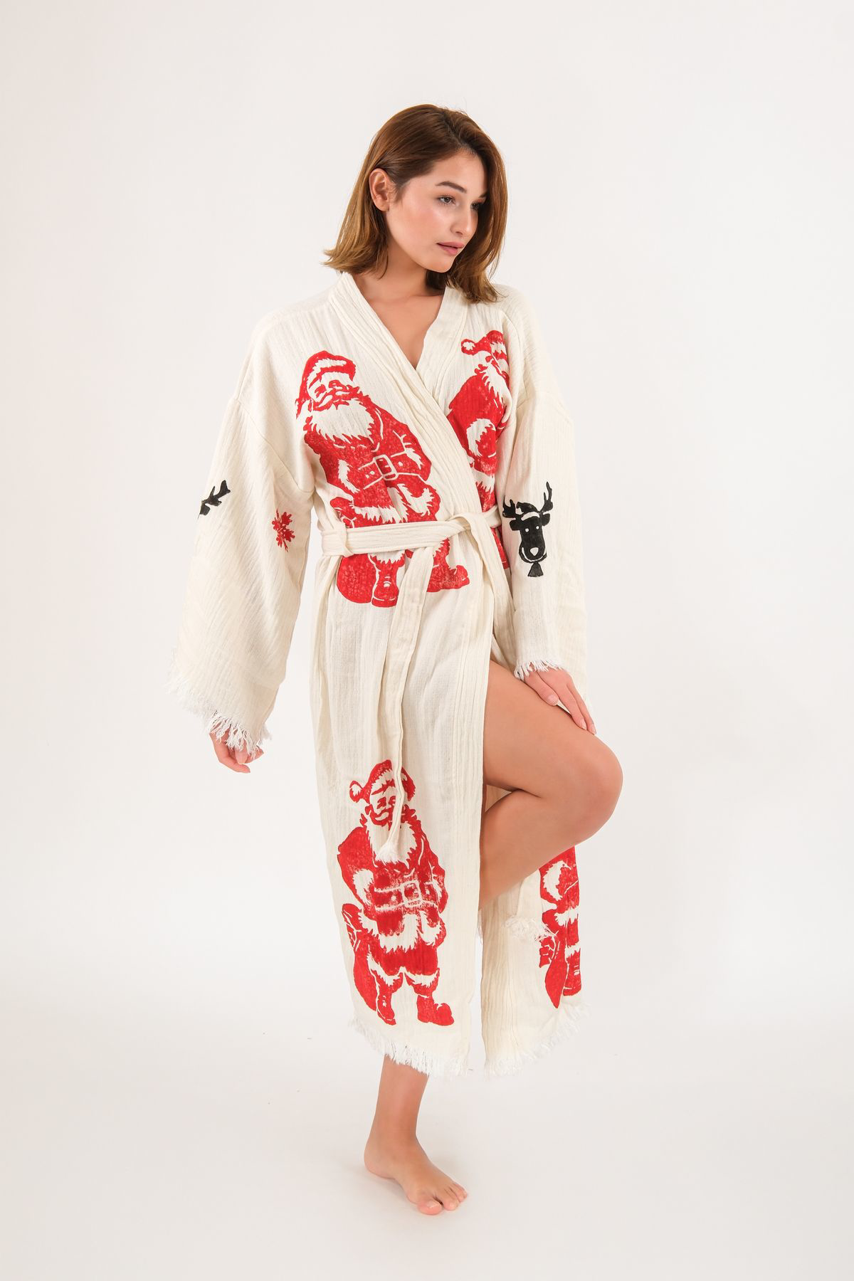 Christmas Müslin Kimono %100 Pamuklu Yılbaşı Baskılı Desenli Born