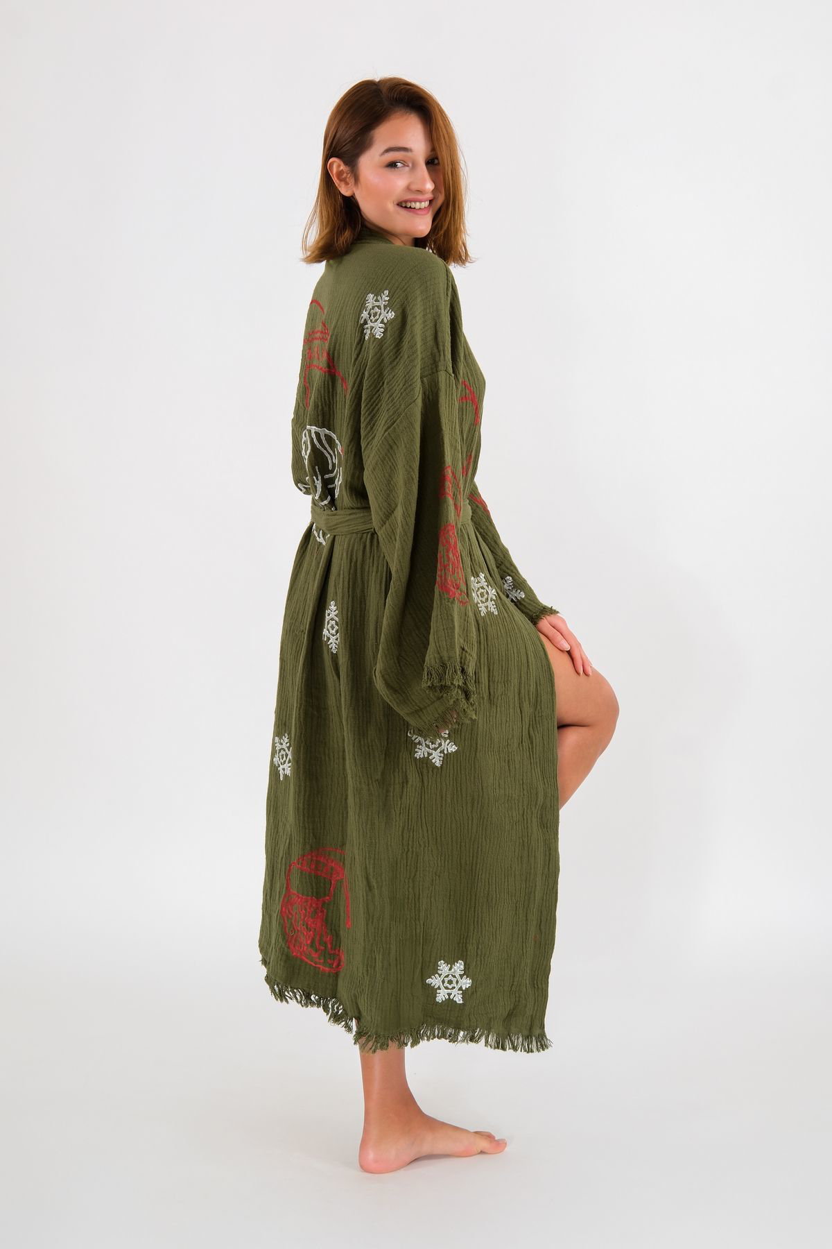 Christmas Müslin Kimono %100 Pamuklu Yılbaşı Baskılı Desenli Born