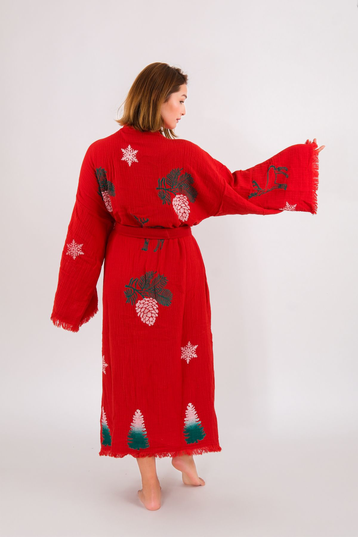 Christmas Müslin Kimono %100 Pamuklu Yılbaşı Baskılı Desenli Born