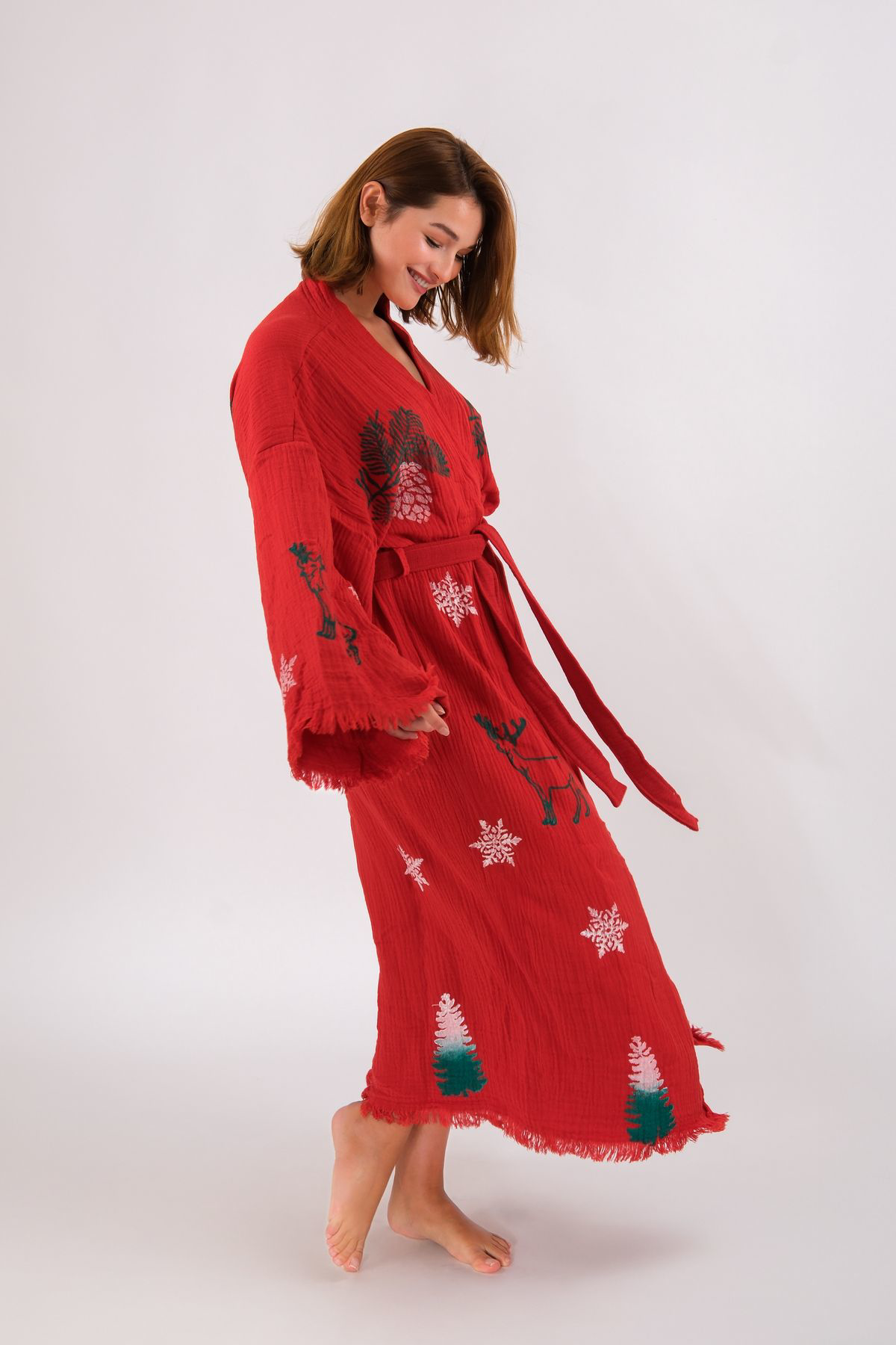 Christmas Müslin Kimono %100 Pamuklu Yılbaşı Baskılı Desenli Born