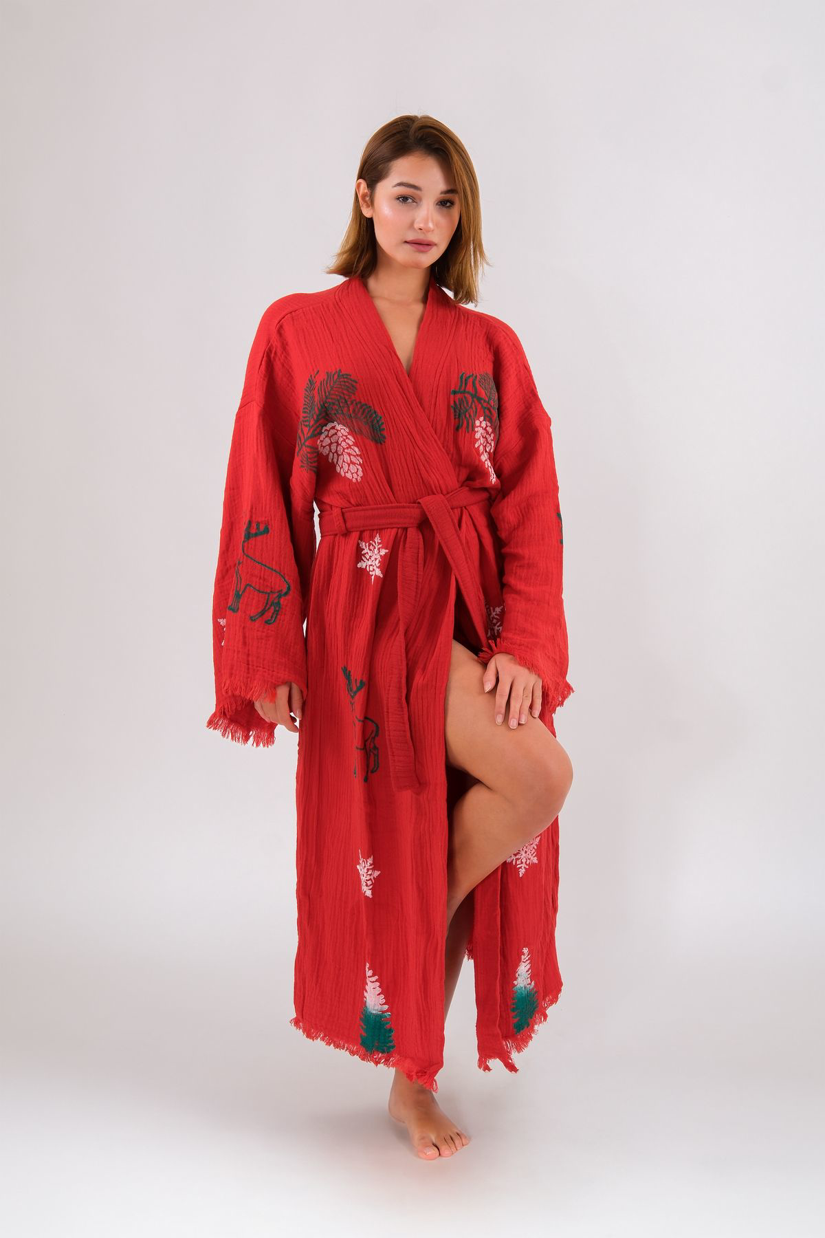 Christmas Müslin Kimono %100 Pamuklu Yılbaşı Baskılı Desenli Born