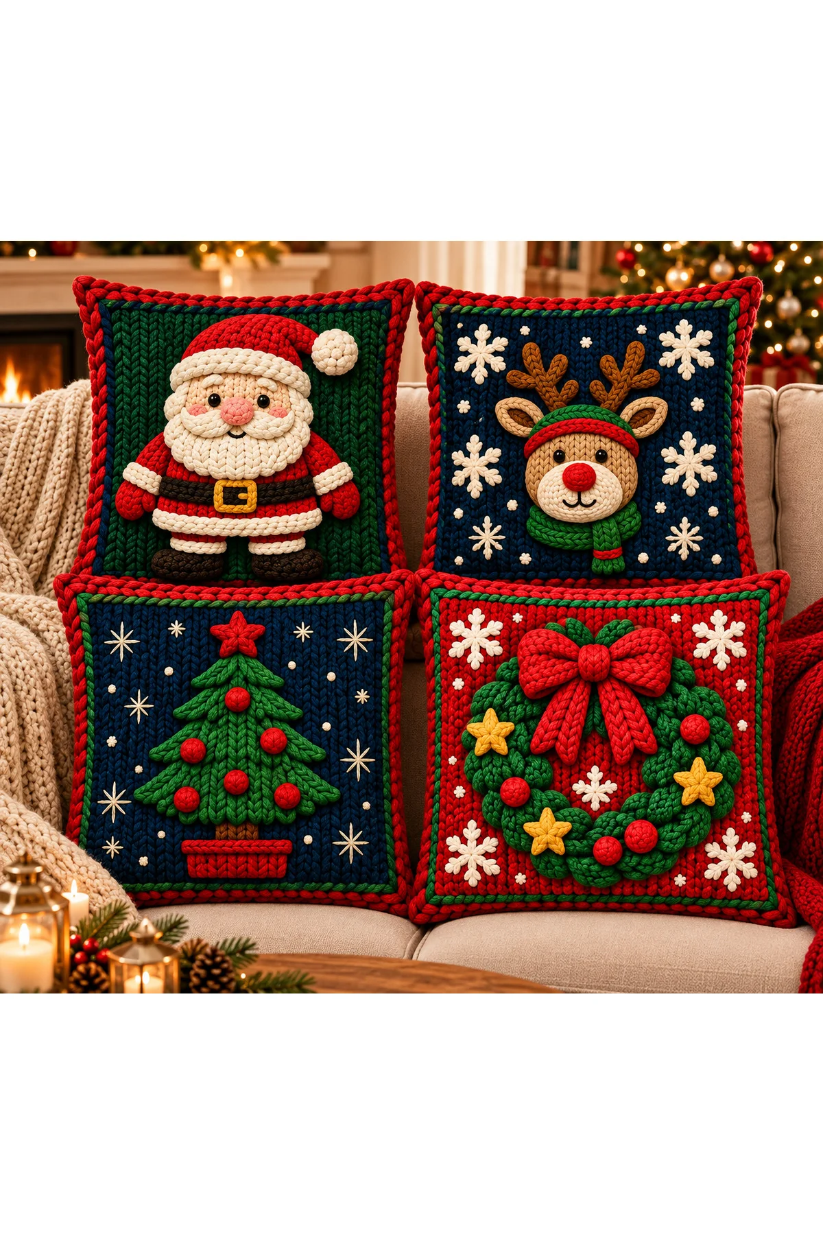 Christmas Tale Yılbaşı Noel Baba, Geyik, Çam Ağacı ve Çelenk Desenli 3D Örgü Görünümlü 4’lü Kırlent Kılıfı Seti