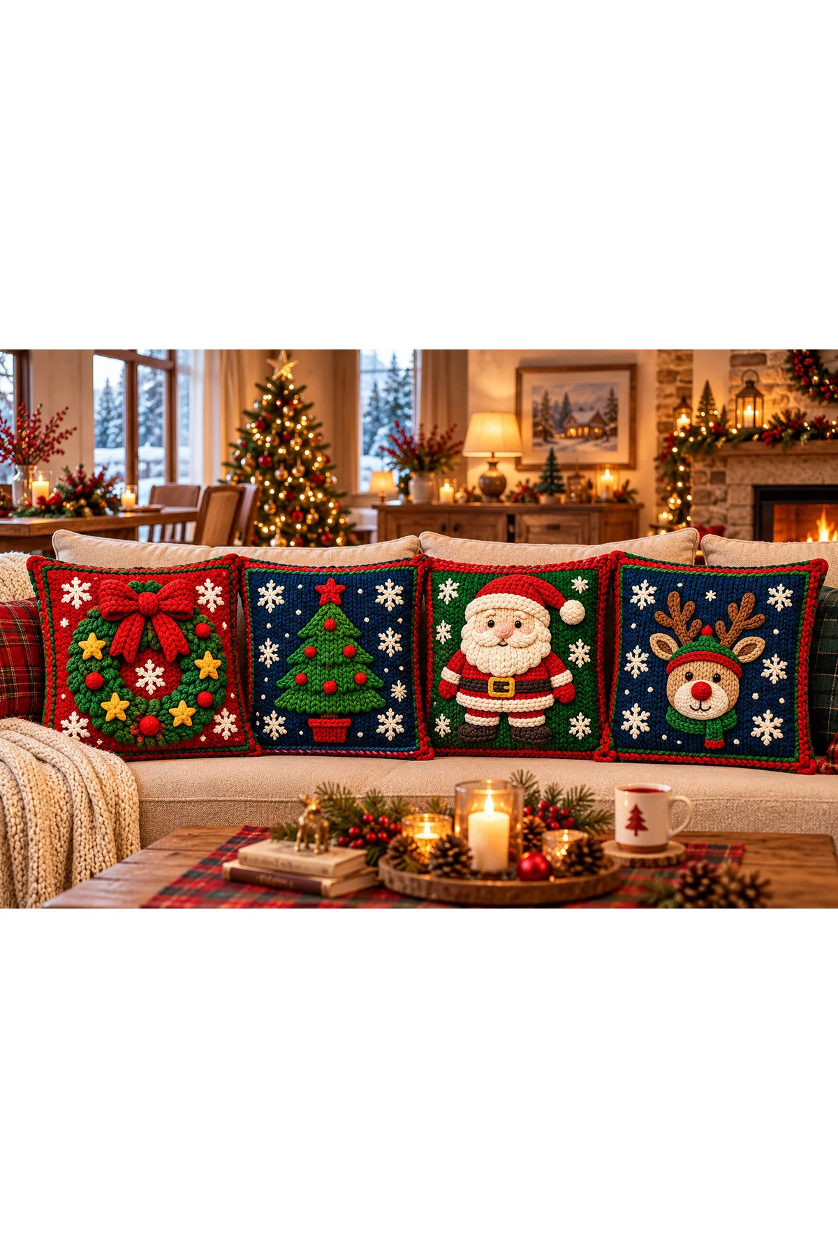 Christmas Tale Yılbaşı Noel Baba, Geyik, Çam Ağacı ve Çelenk Desenli 3D Örgü Görünümlü 4’lü Kırlent Kılıfı Seti
