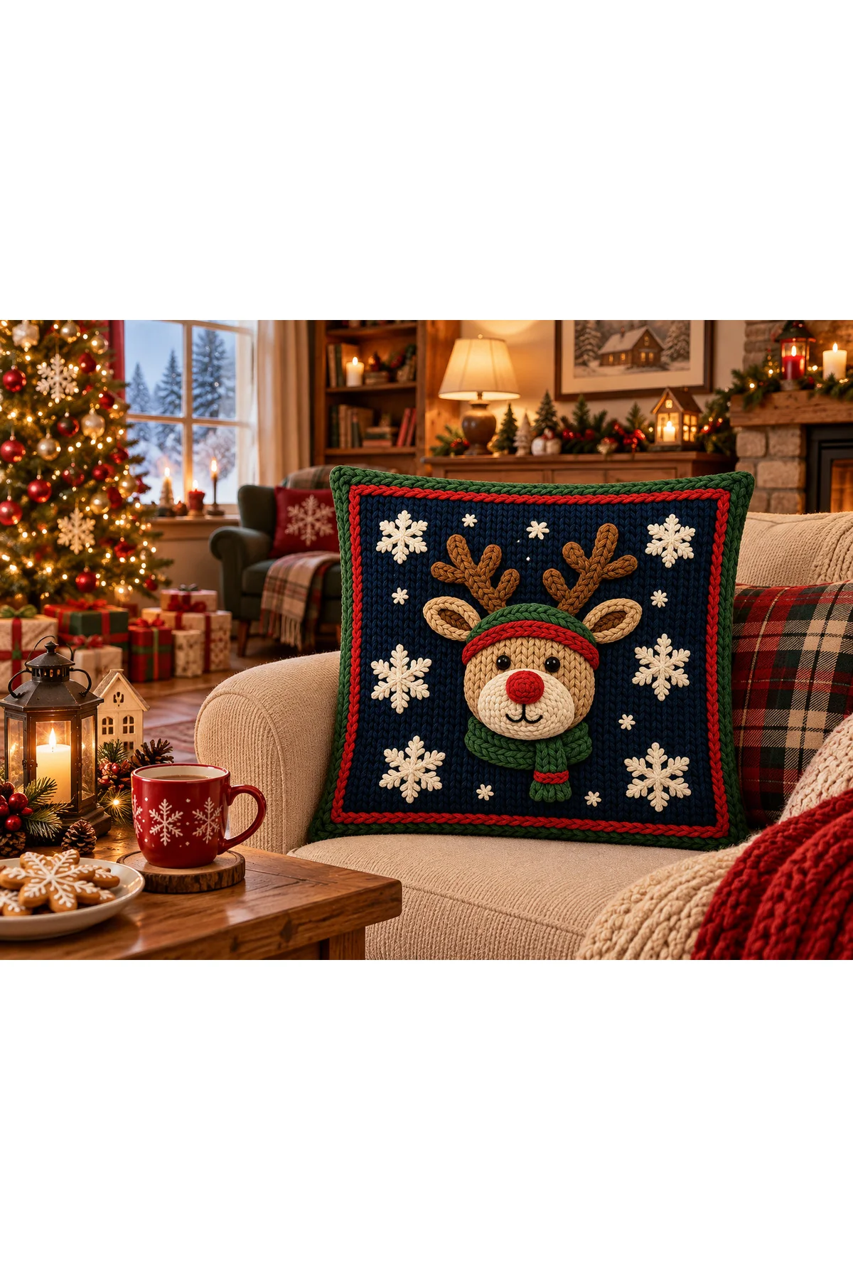 Christmas Tale Yılbaşı Noel Baba, Geyik, Çam Ağacı ve Çelenk Desenli 3D Örgü Görünümlü 4’lü Kırlent Kılıfı Seti