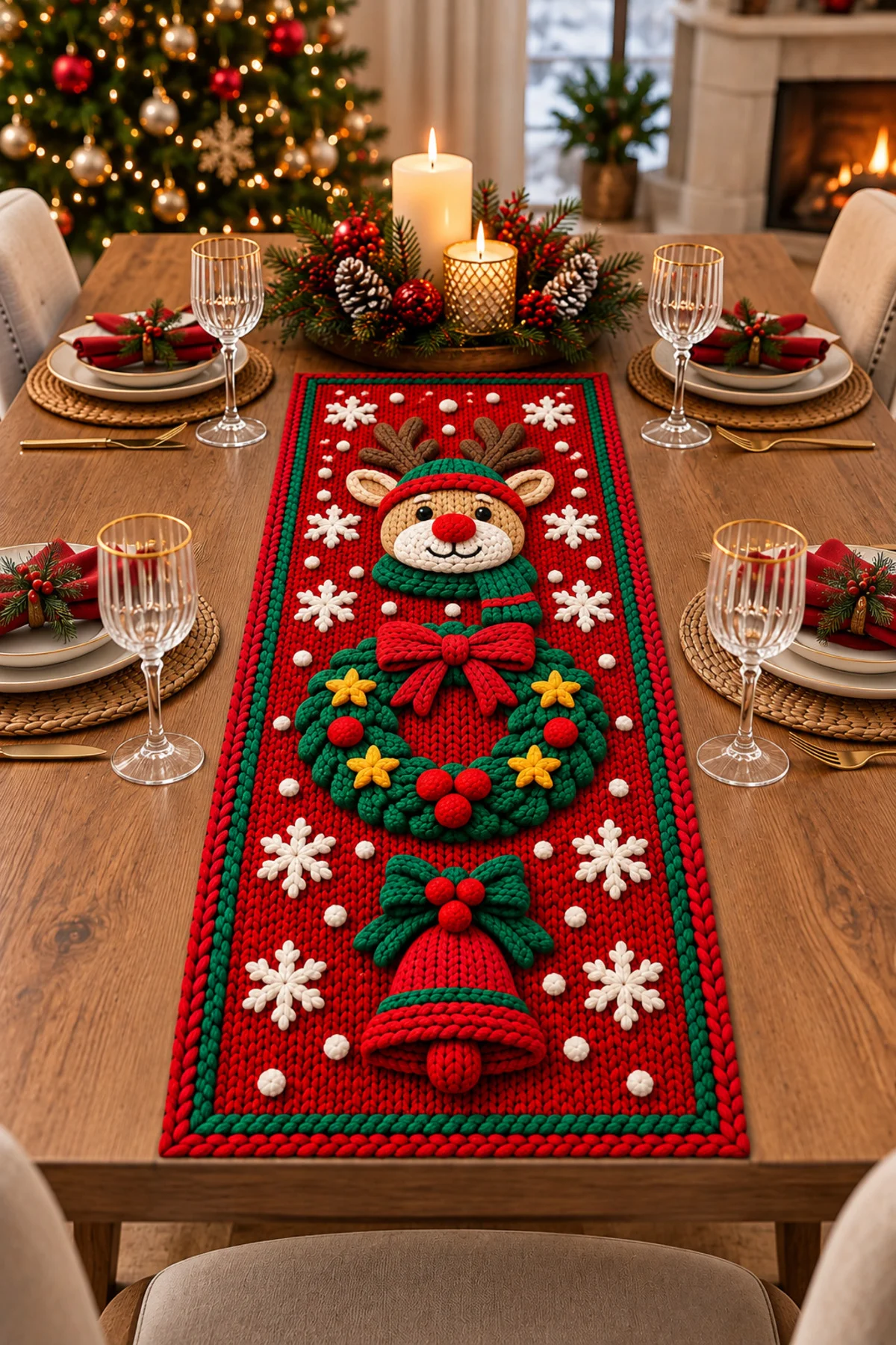 Christmas Wreath Yılbaşı Runner Soft Kadife Lazer Kesim Noel Çelengi ve Kar Tanesi Desenli