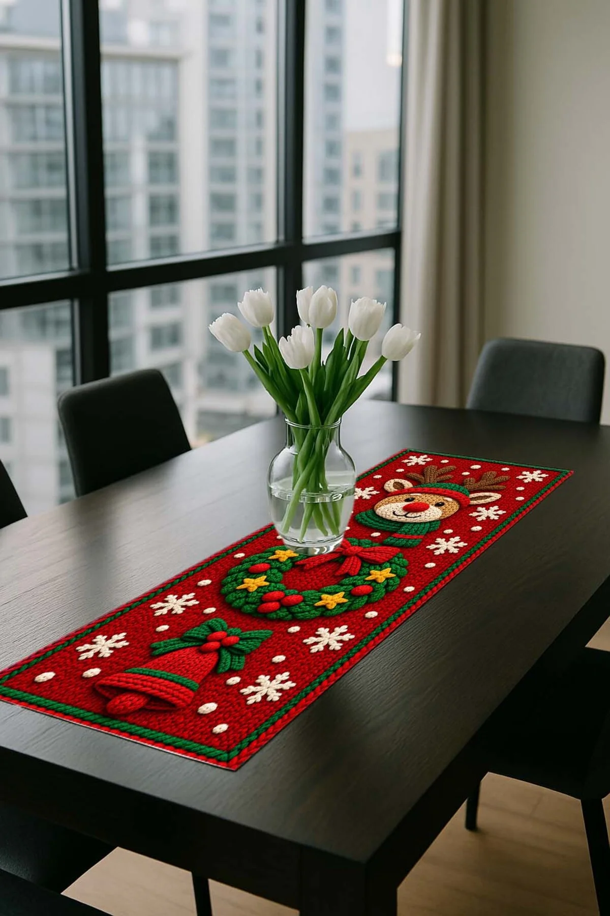 Christmas Wreath Yılbaşı Runner Soft Kadife Lazer Kesim Noel Çelengi ve Kar Tanesi Desenli