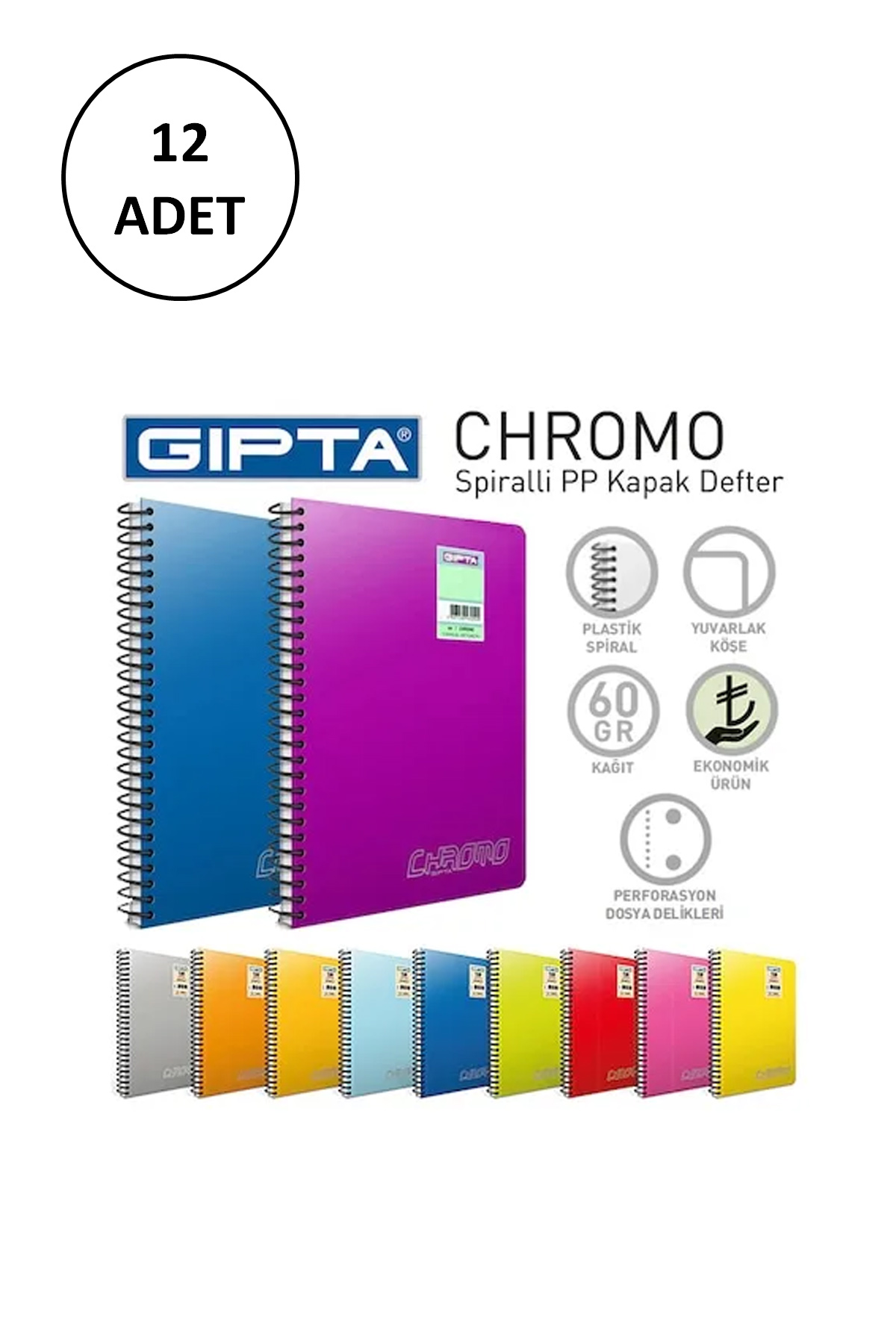 Just Cheap Store Chromo Spiralli Pp Kapak Defter A4-60 Yaprak Düz 12 Adet