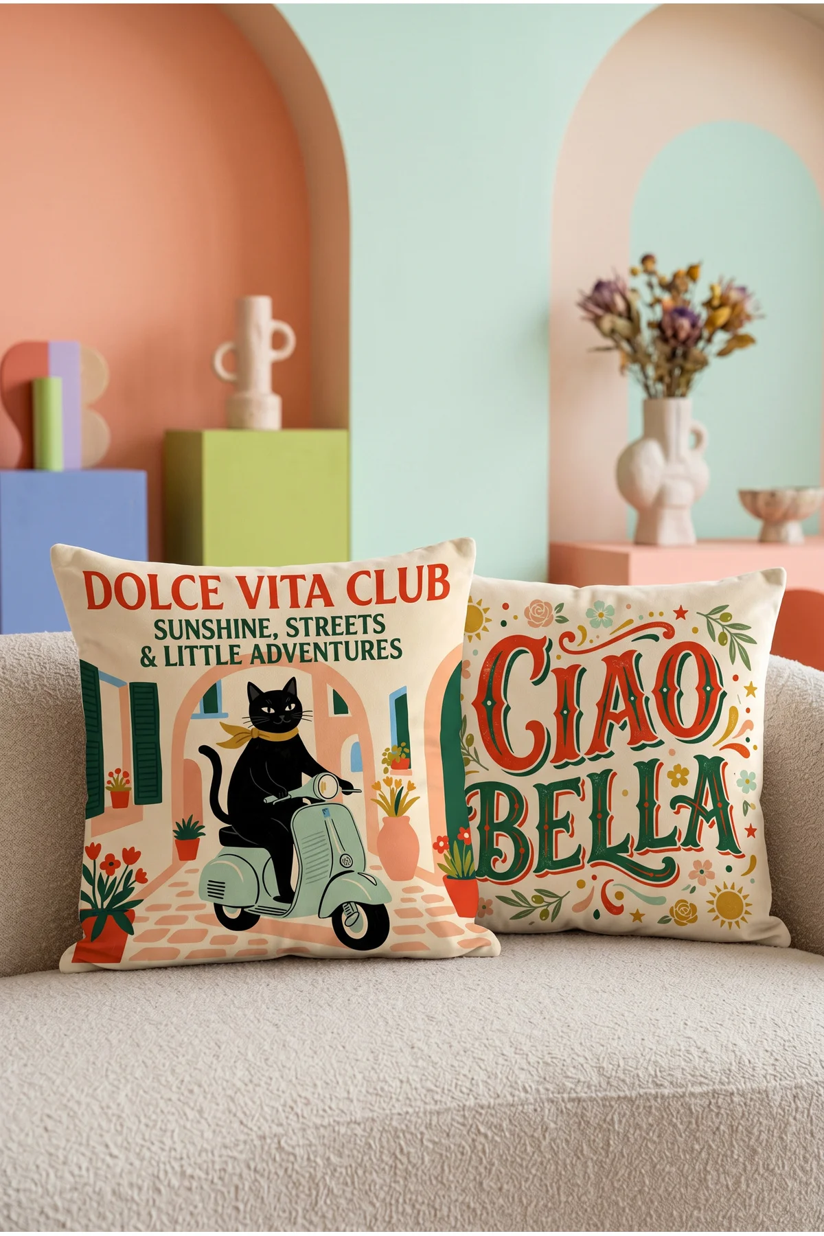 Ciao Bella Yazılı Vespa ve Siyah Kedi Desenli 2li Dekoratif Kırlent Kılıfı Seti, İtalyan Retro Tarz Ev Dekoru